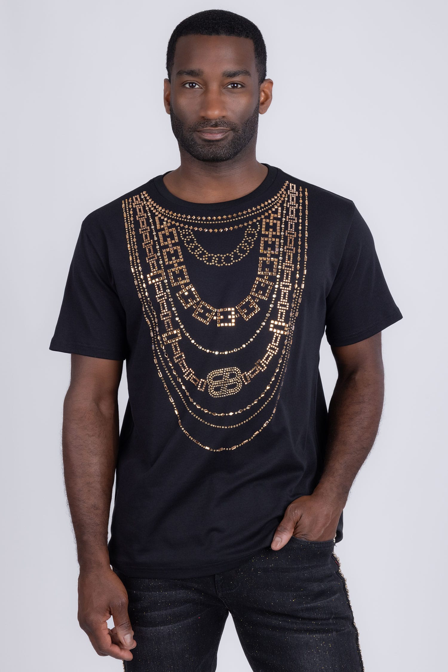 Barabas Men's Link Rhinestone Solid Color Crew Neck T-shirts 5STR02 Black Gold