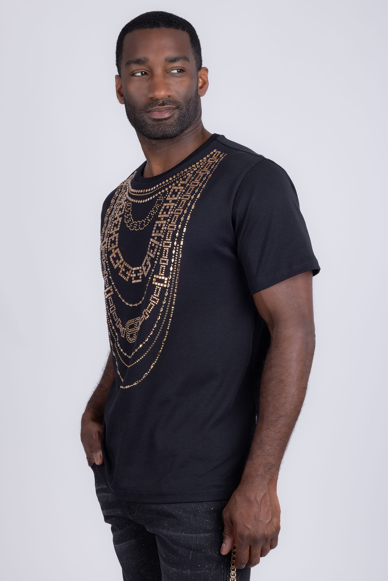 Barabas Men's Link Rhinestone Solid Color Crew Neck T-shirts 5STR02 Black