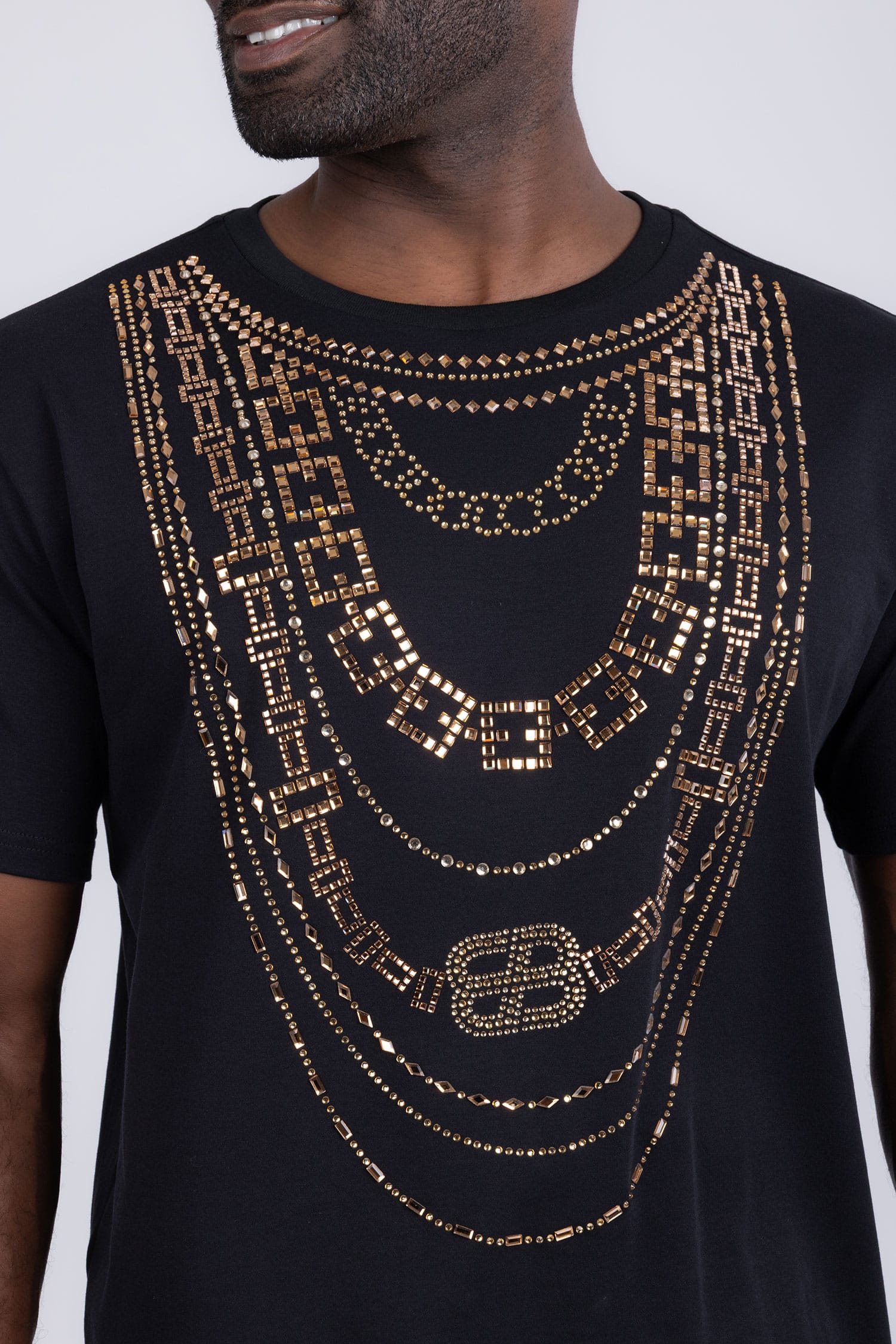 Barabas Men's Link Rhinestone Solid Color Crew Neck T-shirts 5STR02 Black