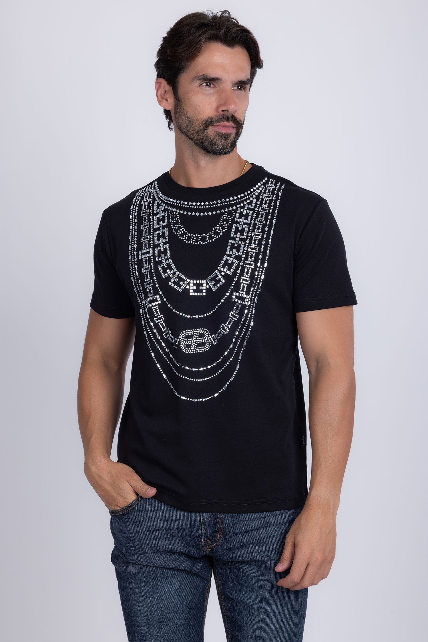 Barabas Men's Link Rhinestone Solid Color Crew Neck T-shirts 5STR02 Black