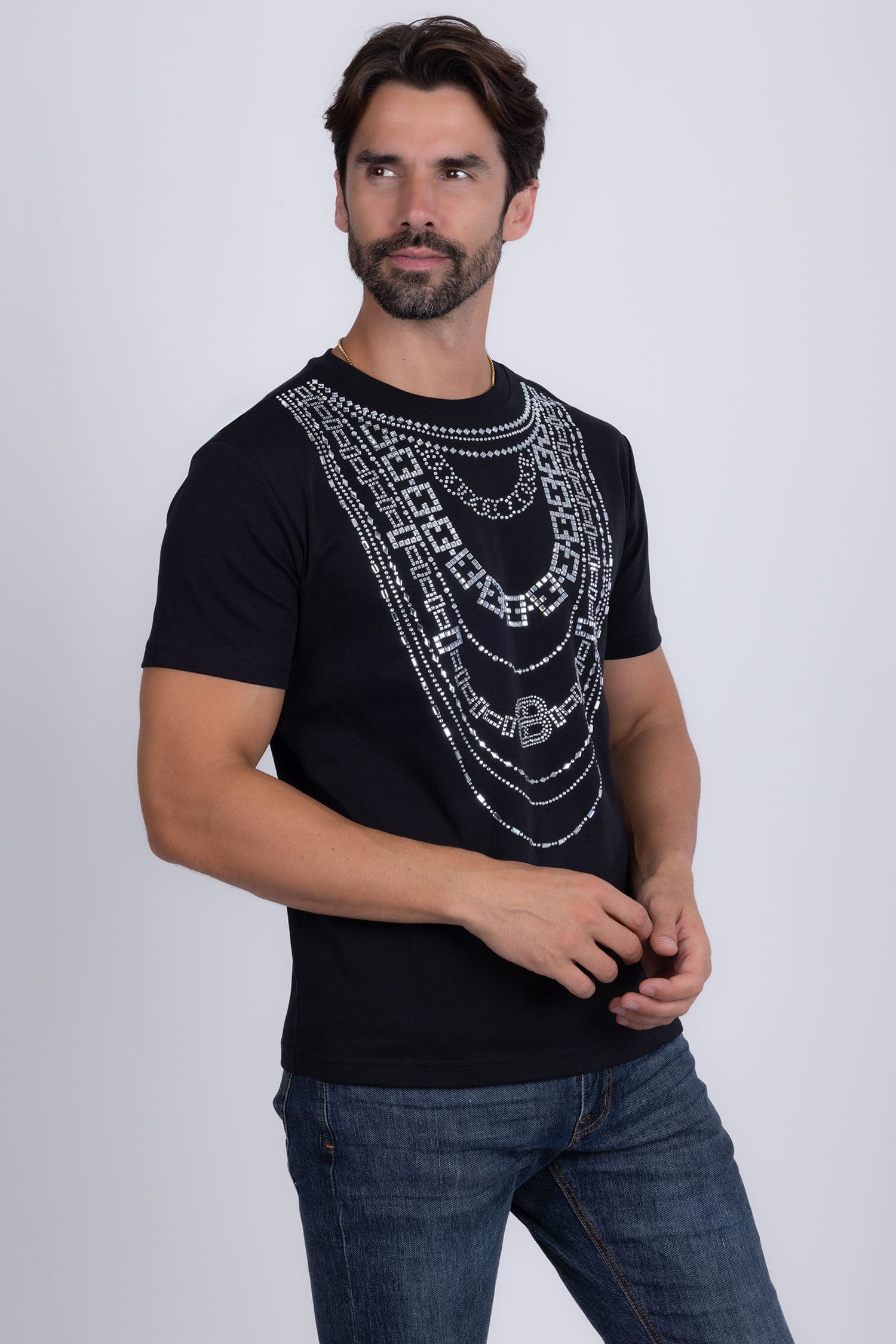 Barabas Men's Link Rhinestone Solid Color Crew Neck T-shirts 5STR02 Black