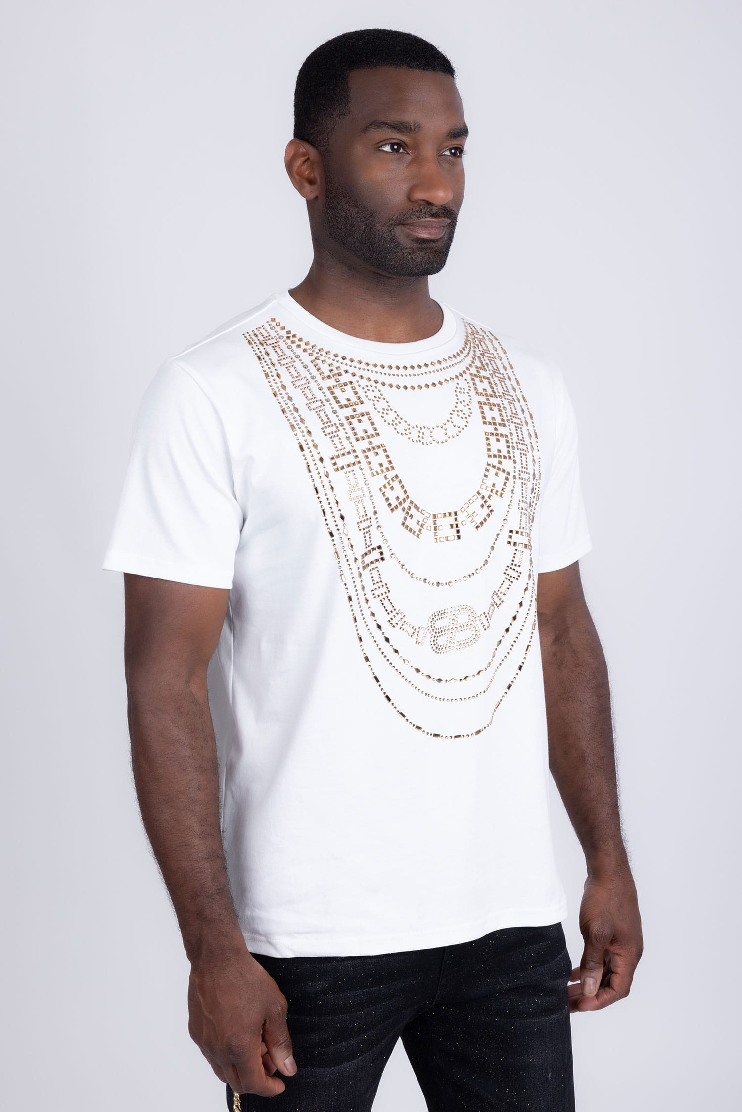 Barabas Men's Link Rhinestone Solid Color Crew Neck T-shirts 5STR02 White