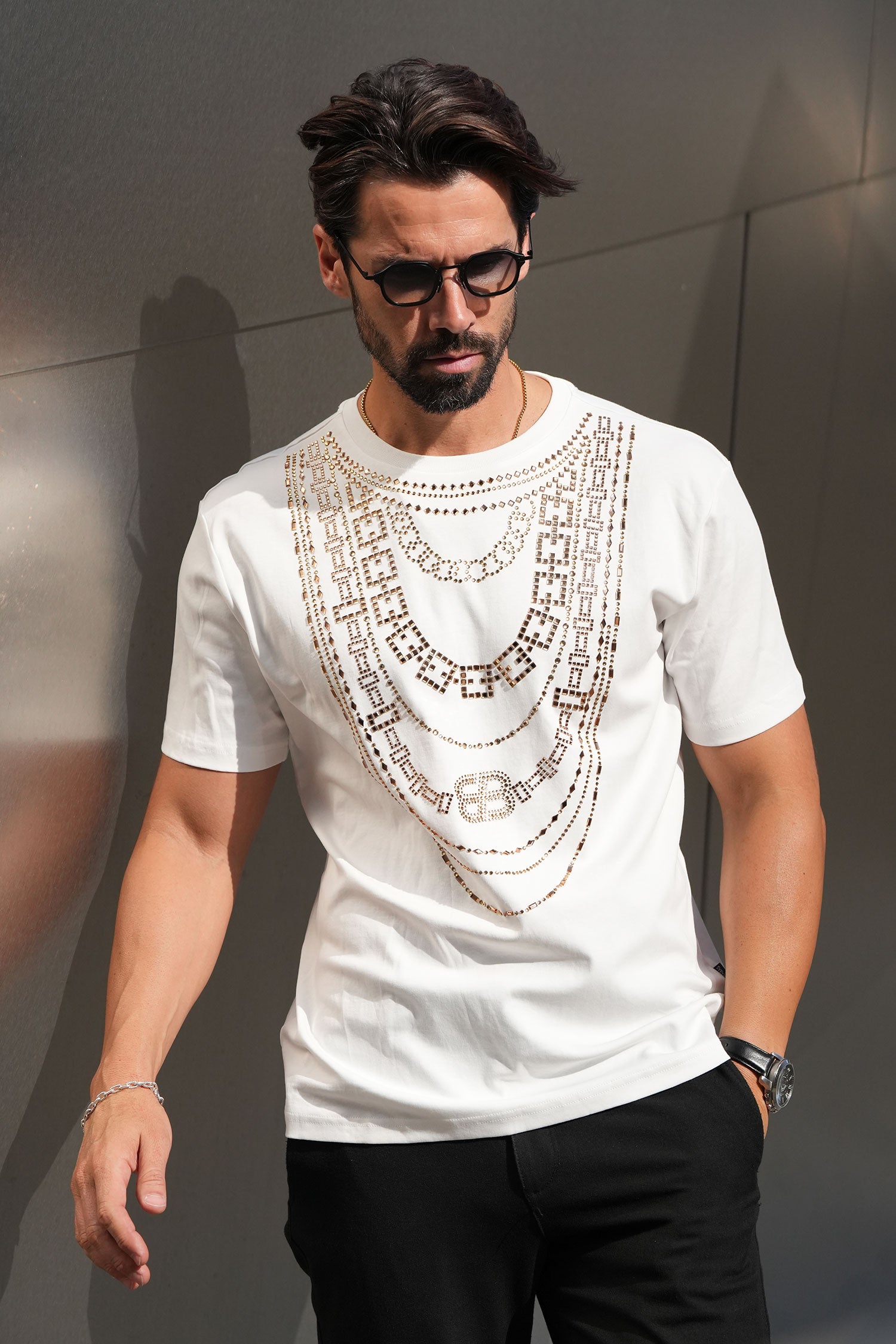Barabas Men's Link Rhinestone Solid Color Crew Neck T-shirts 5STR02 White Gold