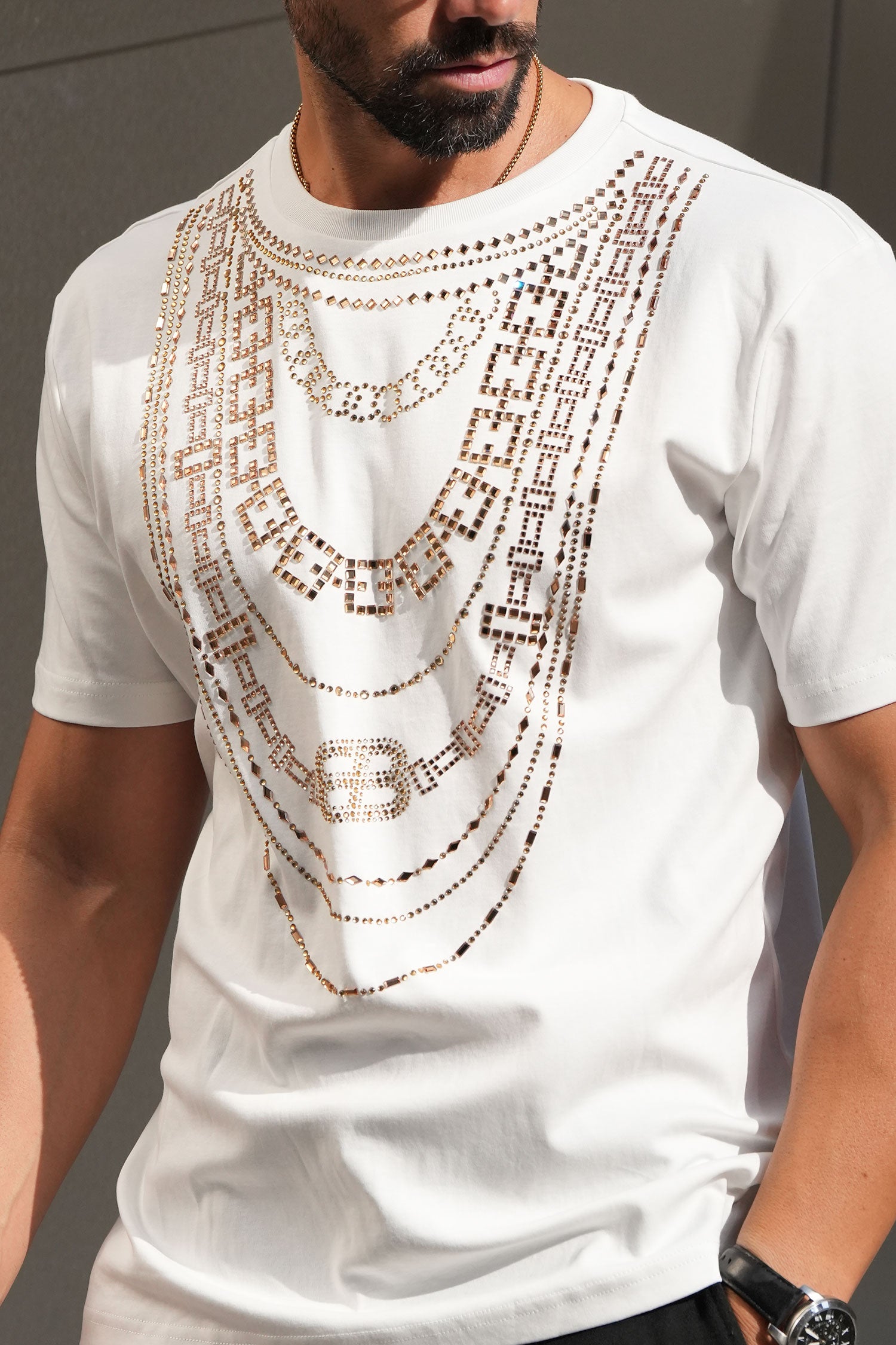 Barabas Men's Link Rhinestone Solid Color Crew Neck T-shirts 5STR02 White Gold