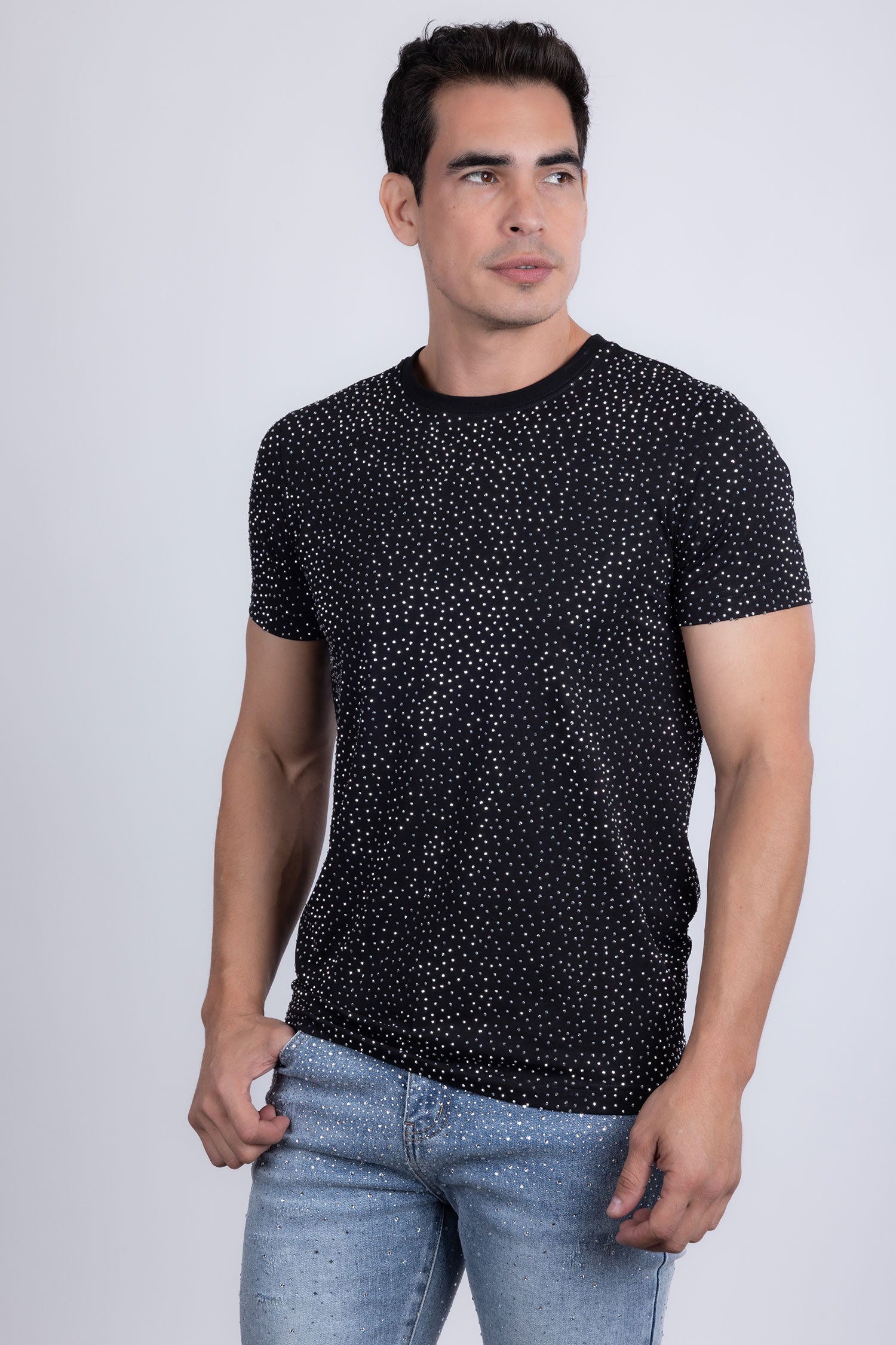 Barabas Men's Glittery Sparkle Rhinestone Crew-neck T-shirt 5STR03 Black Silver