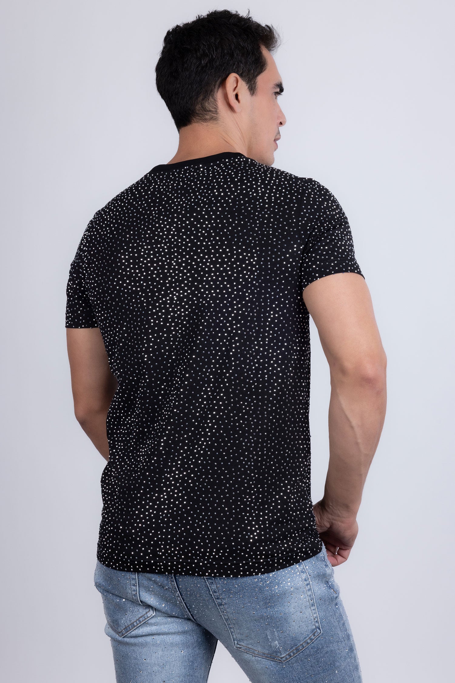 Barabas Men's Glittery Sparkle Rhinestone Crew-neck T-shirt 5STR03 Black Silver