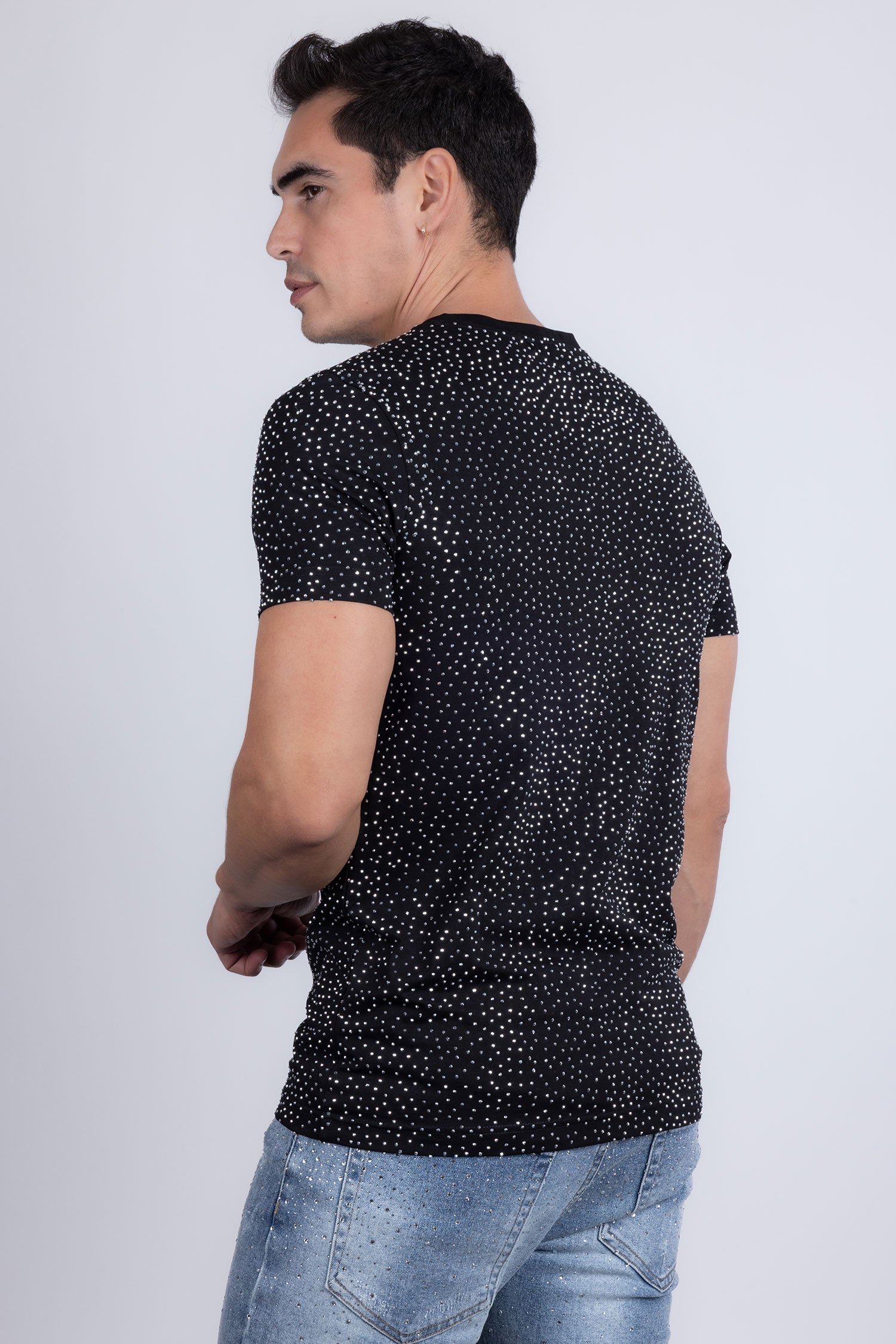 Barabas Men's Glittery Sparkle Rhinestone Crew-neck T-shirt 5STR03 Black Silver