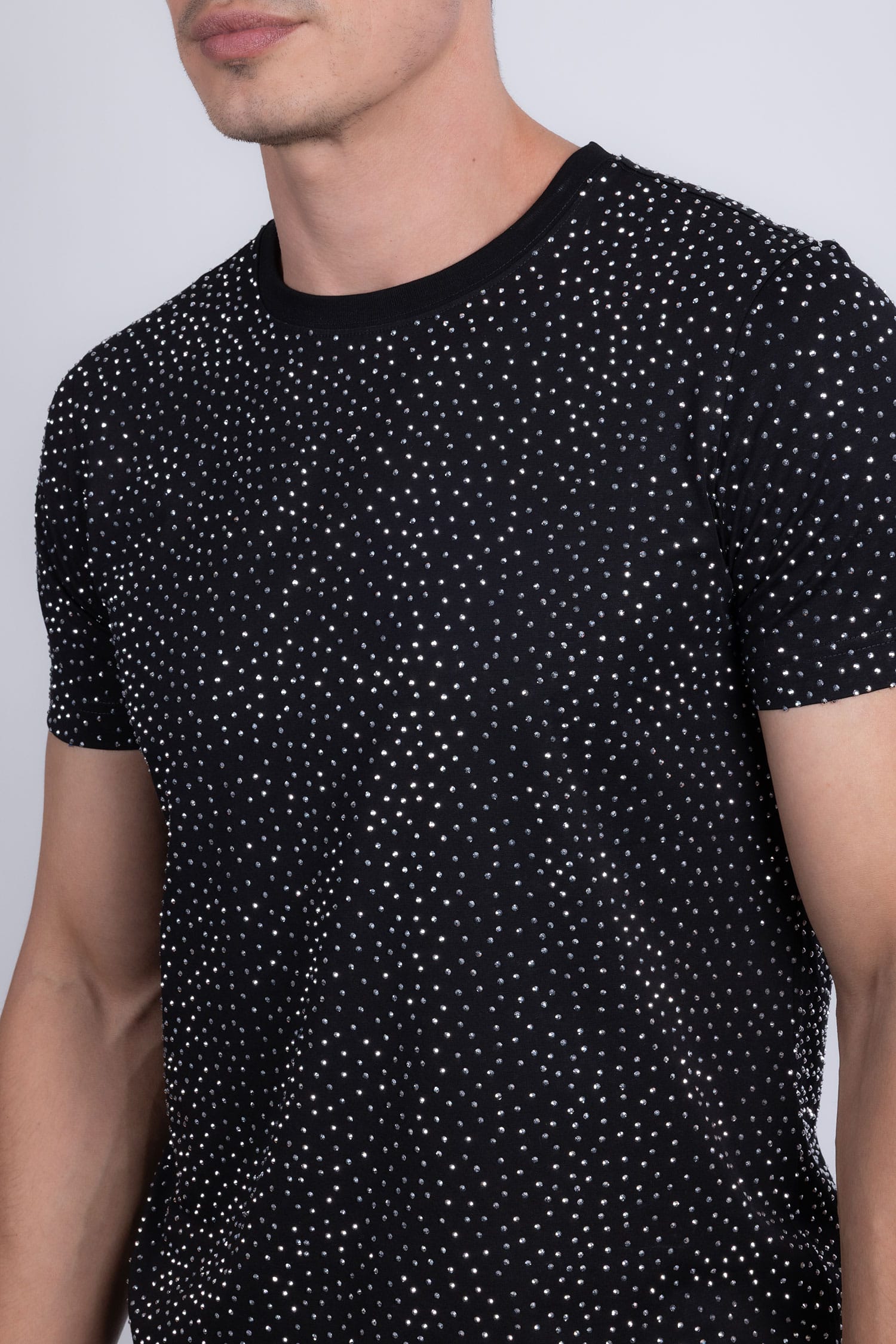 Barabas Men's Glittery Sparkle Rhinestone Crew-neck T-shirt 5STR03 Black Silver