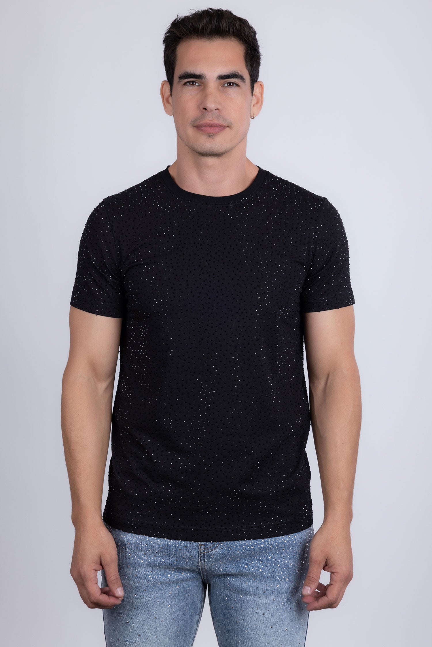 Barabas Men's Glittery Sparkle Rhinestone Crew-neck T-shirt 5STR03 Black