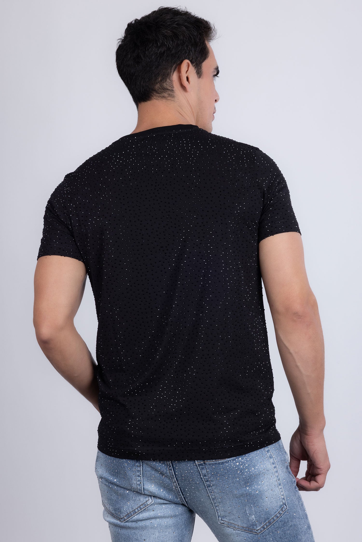 Barabas Men's Glittery Sparkle Rhinestone Crew-neck T-shirt 5STR03 Black