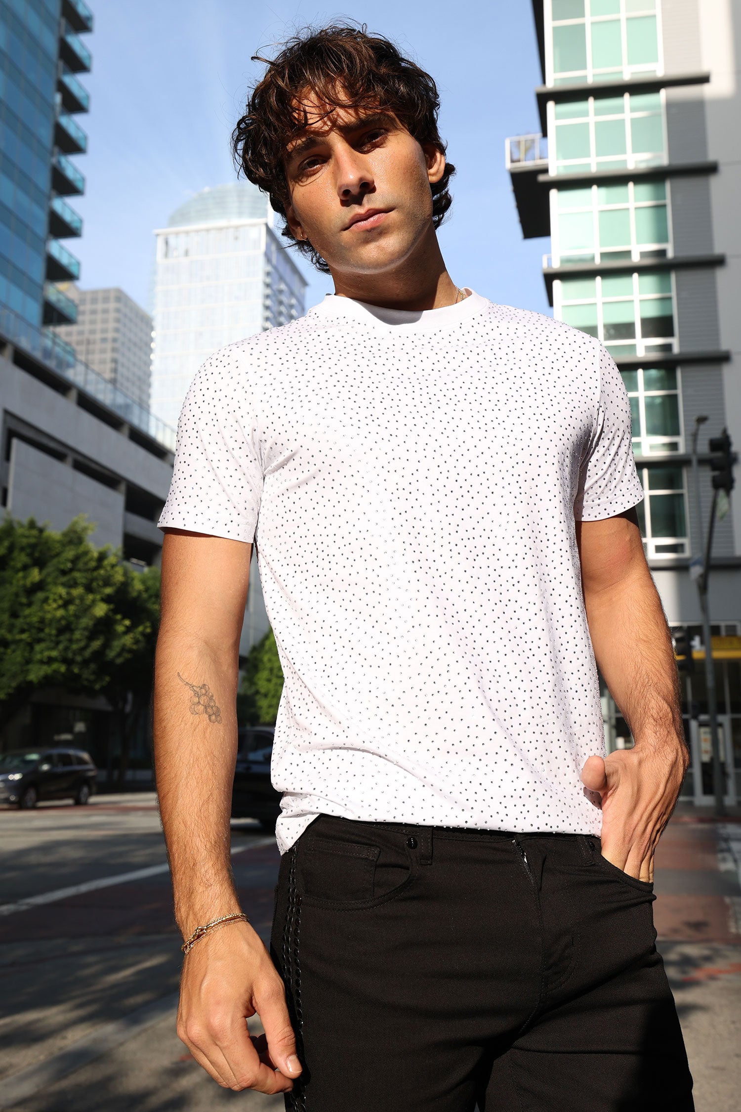 Barabas Men's Glittery Sparkle Rhinestone Crew-neck T-shirt 5STR03 White Silver