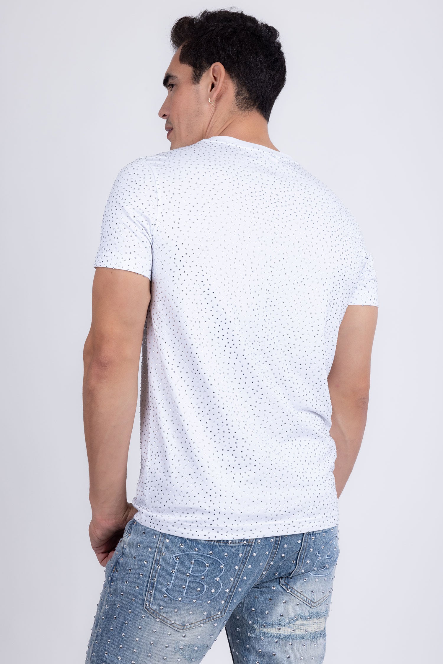 Barabas Men's Glittery Sparkle Rhinestone Crew-neck T-shirt 5STR03 White Silver