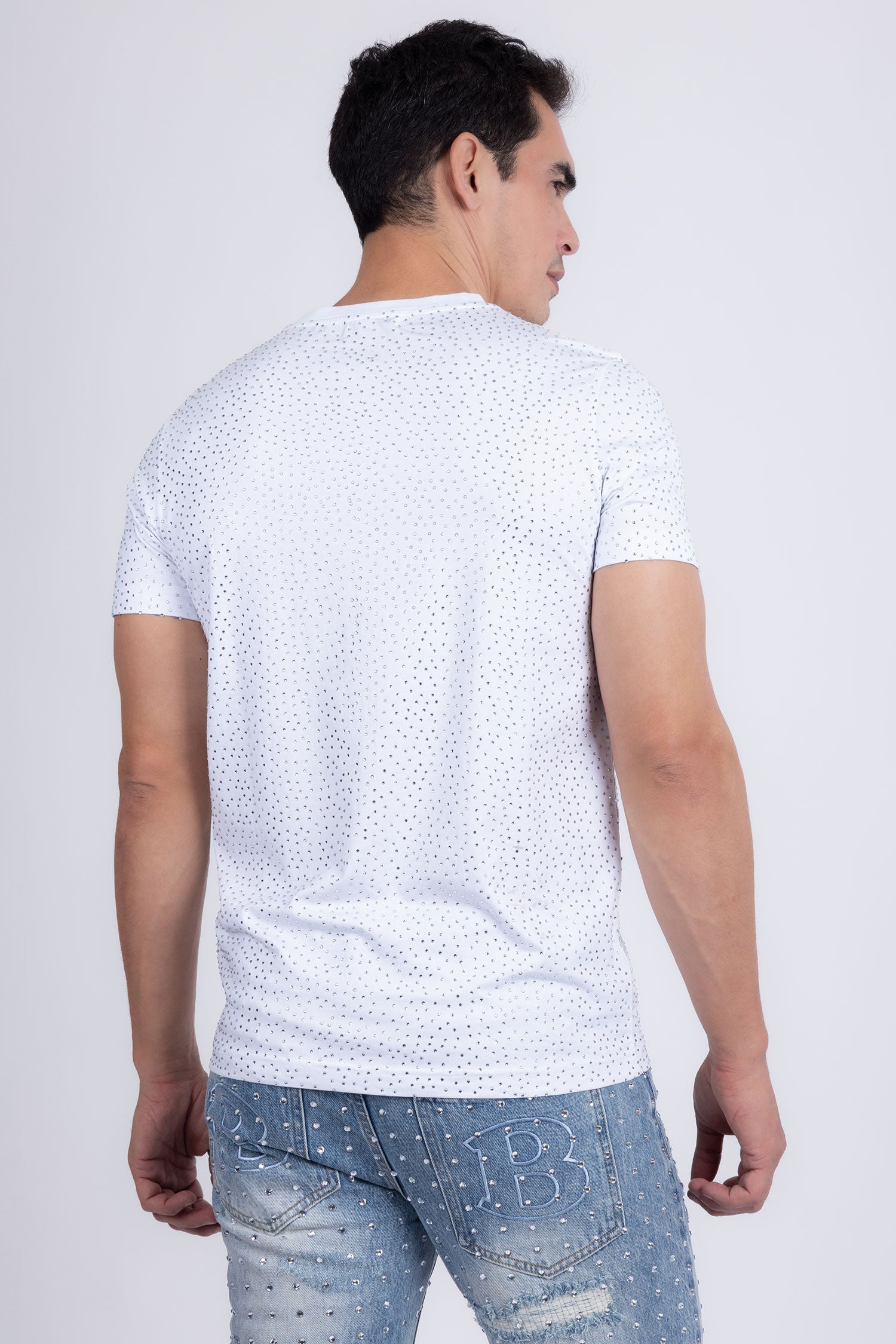 Barabas Men's Glittery Sparkle Rhinestone Crew-neck T-shirt 5STR03 White Silver