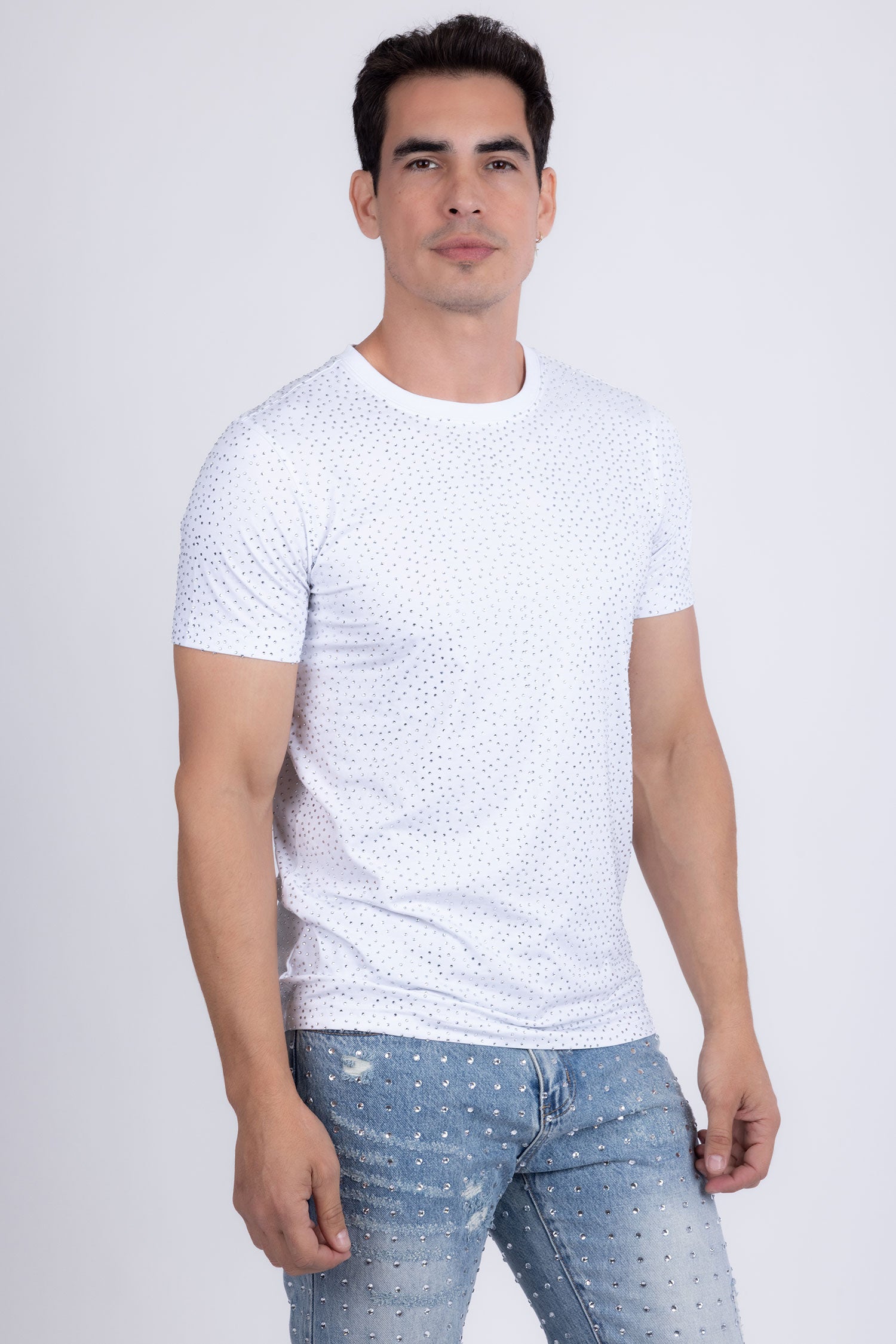 Barabas Men's Glittery Sparkle Rhinestone Crew-neck T-shirt 5STR03 White Silver