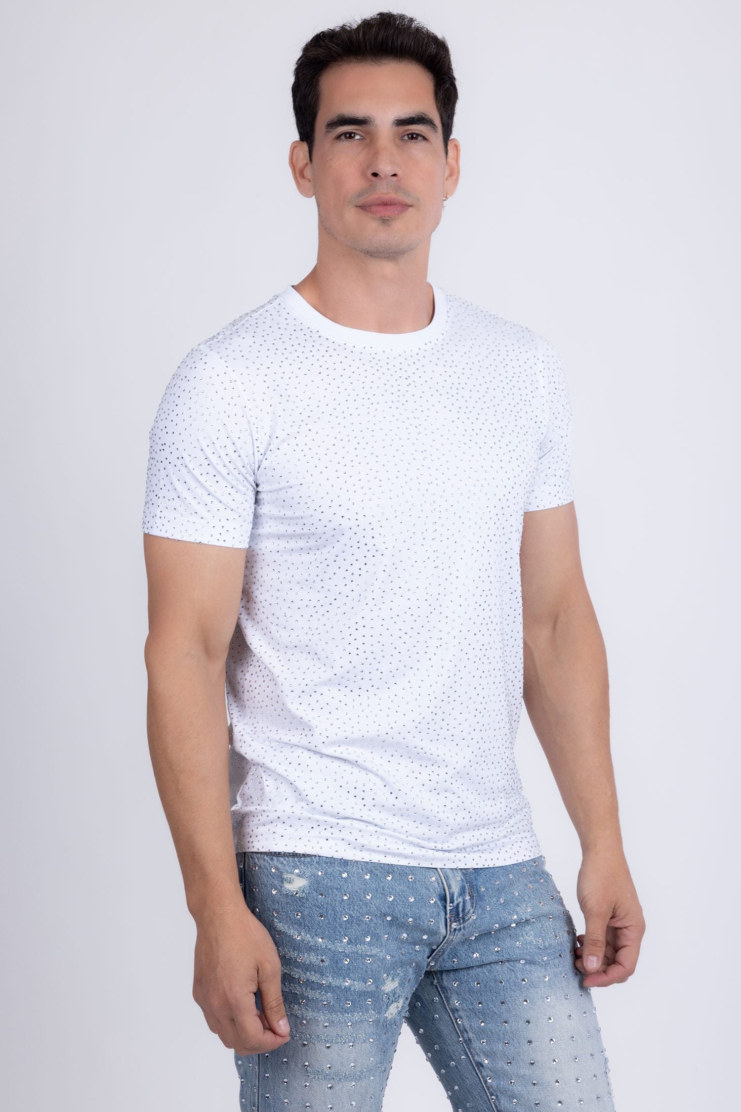 Barabas Men's Glittery Sparkle Rhinestone Crew-neck T-shirt 5STR03 White Silver