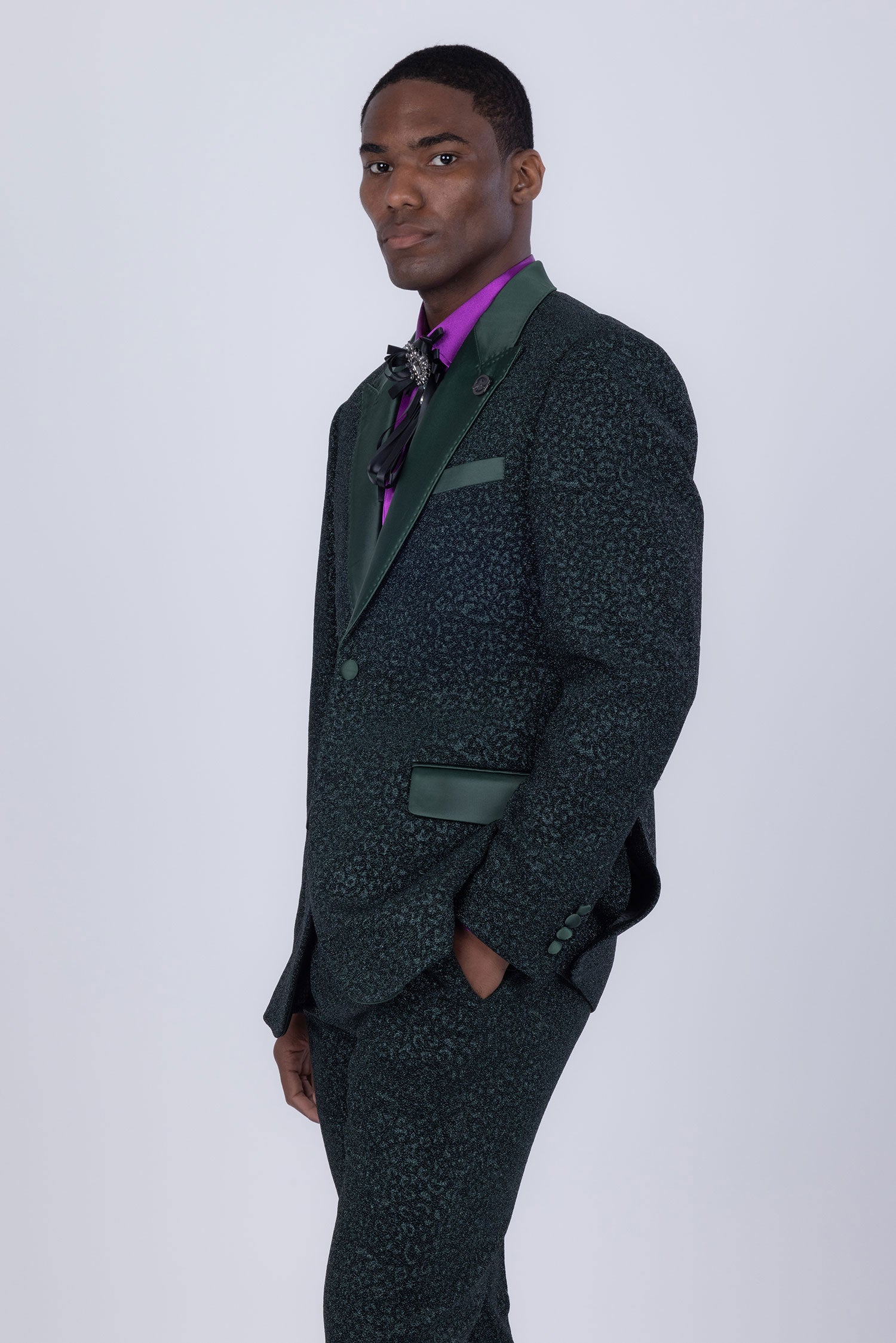 Barabas Men's Cheetah Geometric Pattern Peak Lapel Suit 5SU33 Hunter Green