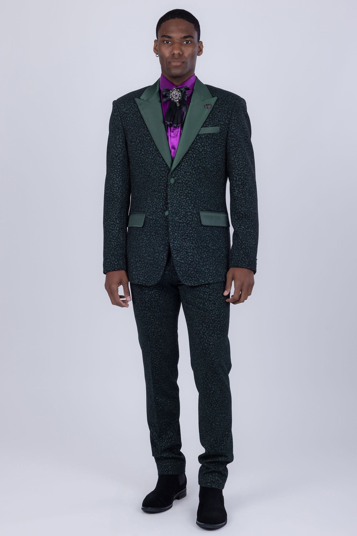 Barabas Men's Cheetah Geometric Pattern Peak Lapel Suit 5SU33 Hunter Green