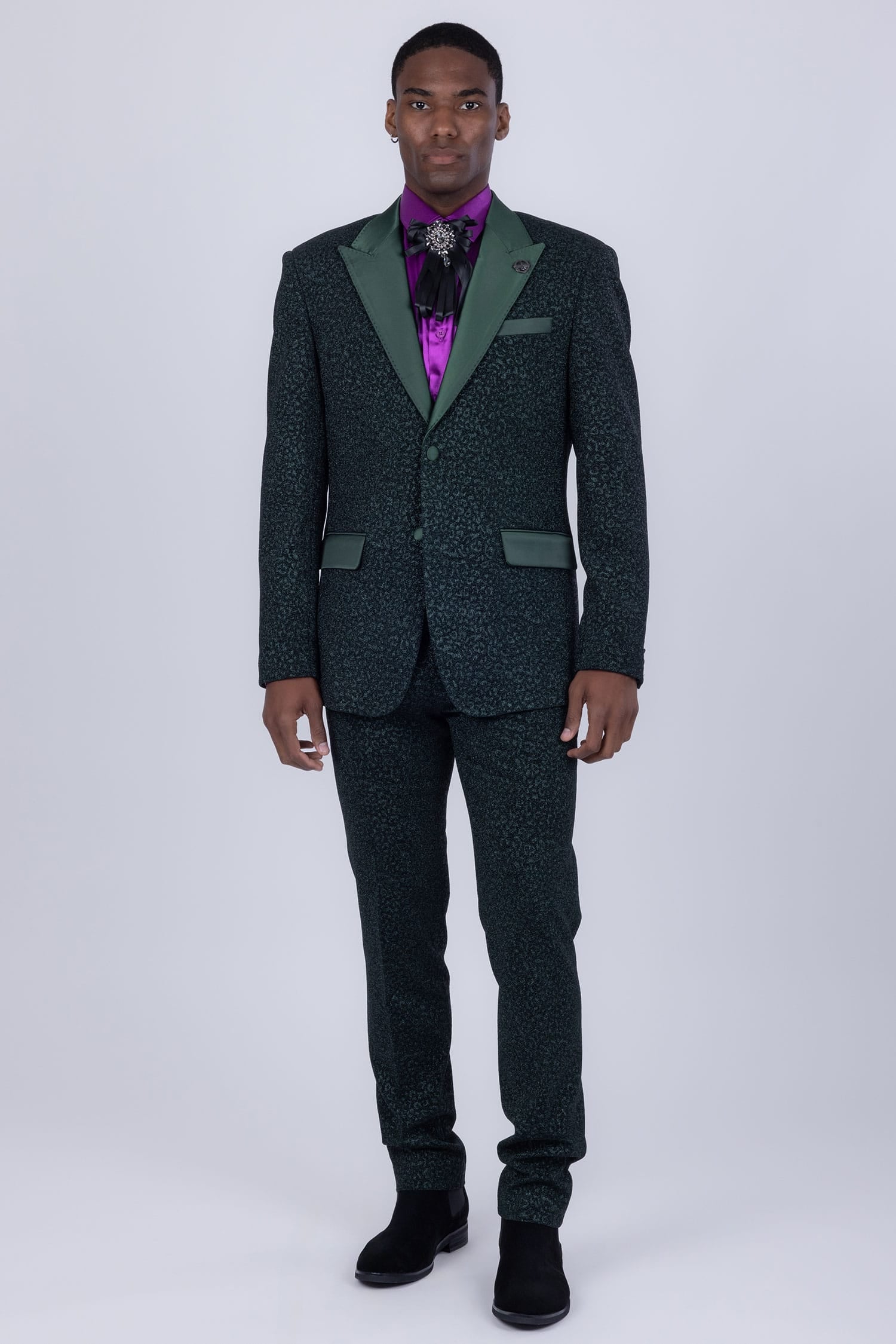 Barabas Men's Cheetah Geometric Pattern Peak Lapel Suit 5SU33 Hunter Green
