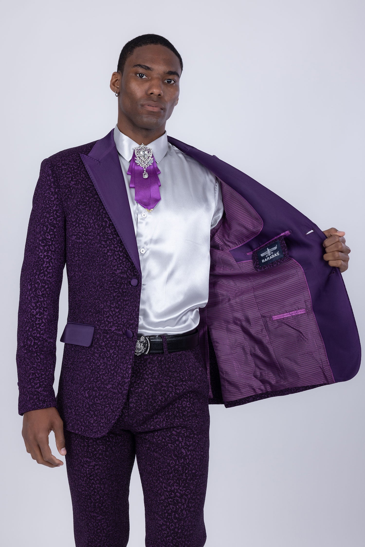 Barabas Men's Cheetah Geometric Pattern Peak Lapel Suit 5SU33 Purple