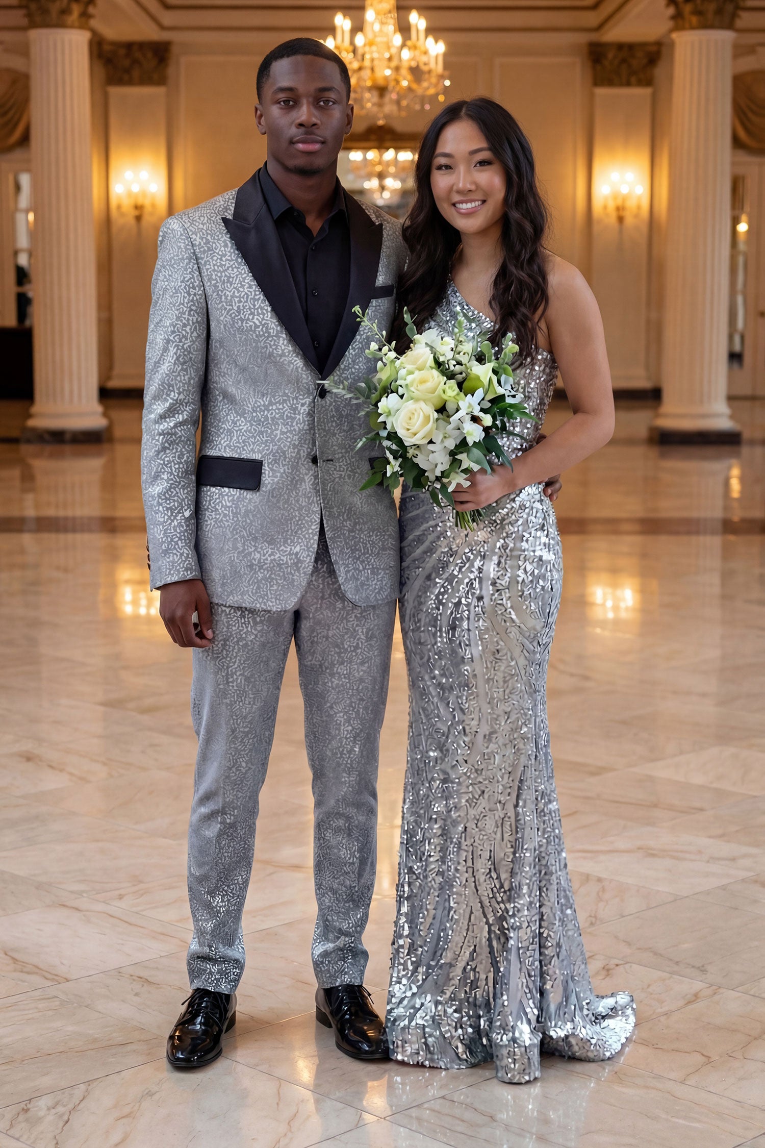 Barabas Men's Cheetah Geometric Pattern Peak Lapel Suit 5SU33 Silver