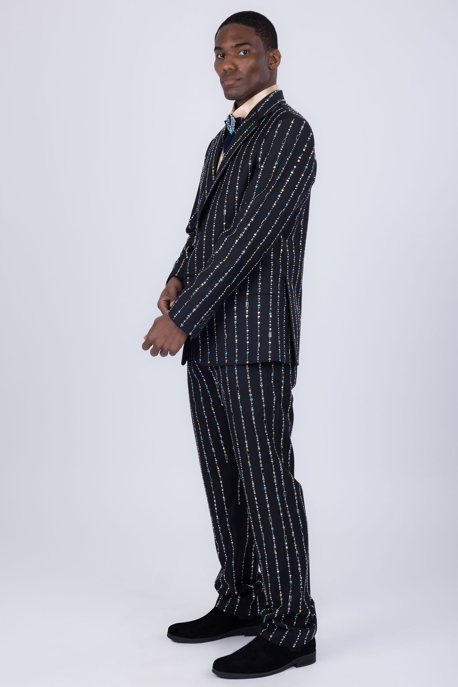 Barabas Men's Geometric Rhinestone Pattern Notch Lapel Suit 5SU38 Black