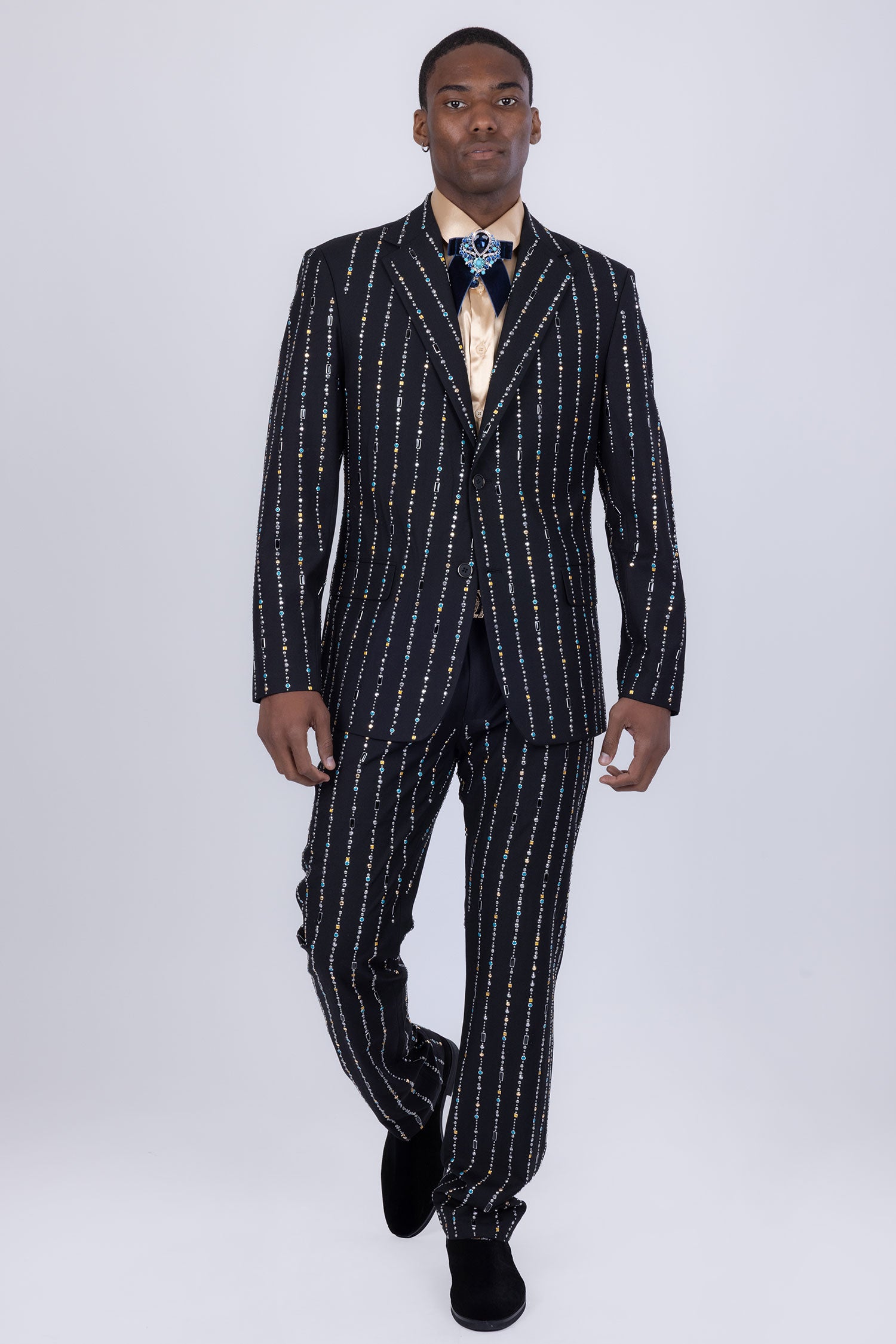 Barabas Men's Geometric Rhinestone Pattern Notch Lapel Suit 5SU38 Black