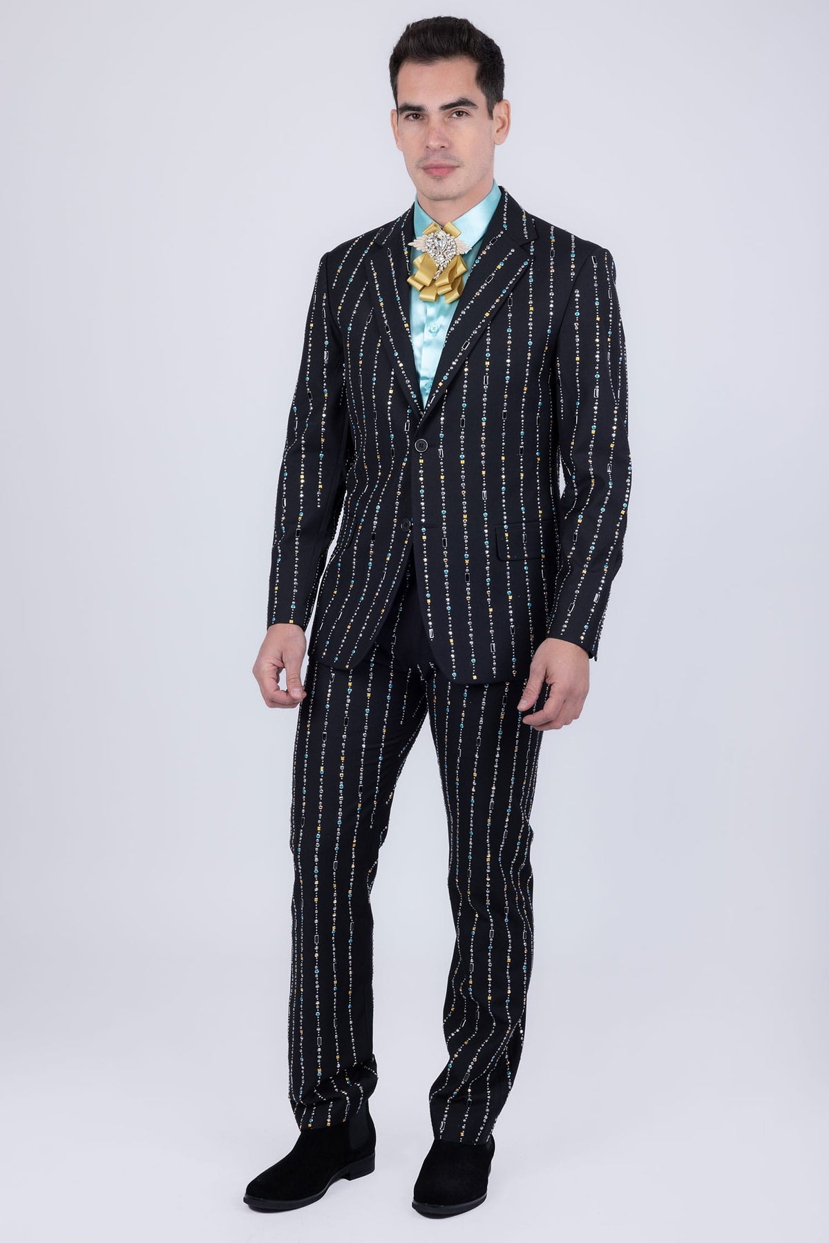 Barabas Men's Geometric Rhinestone Pattern Notch Lapel Suit 5SU38 Black