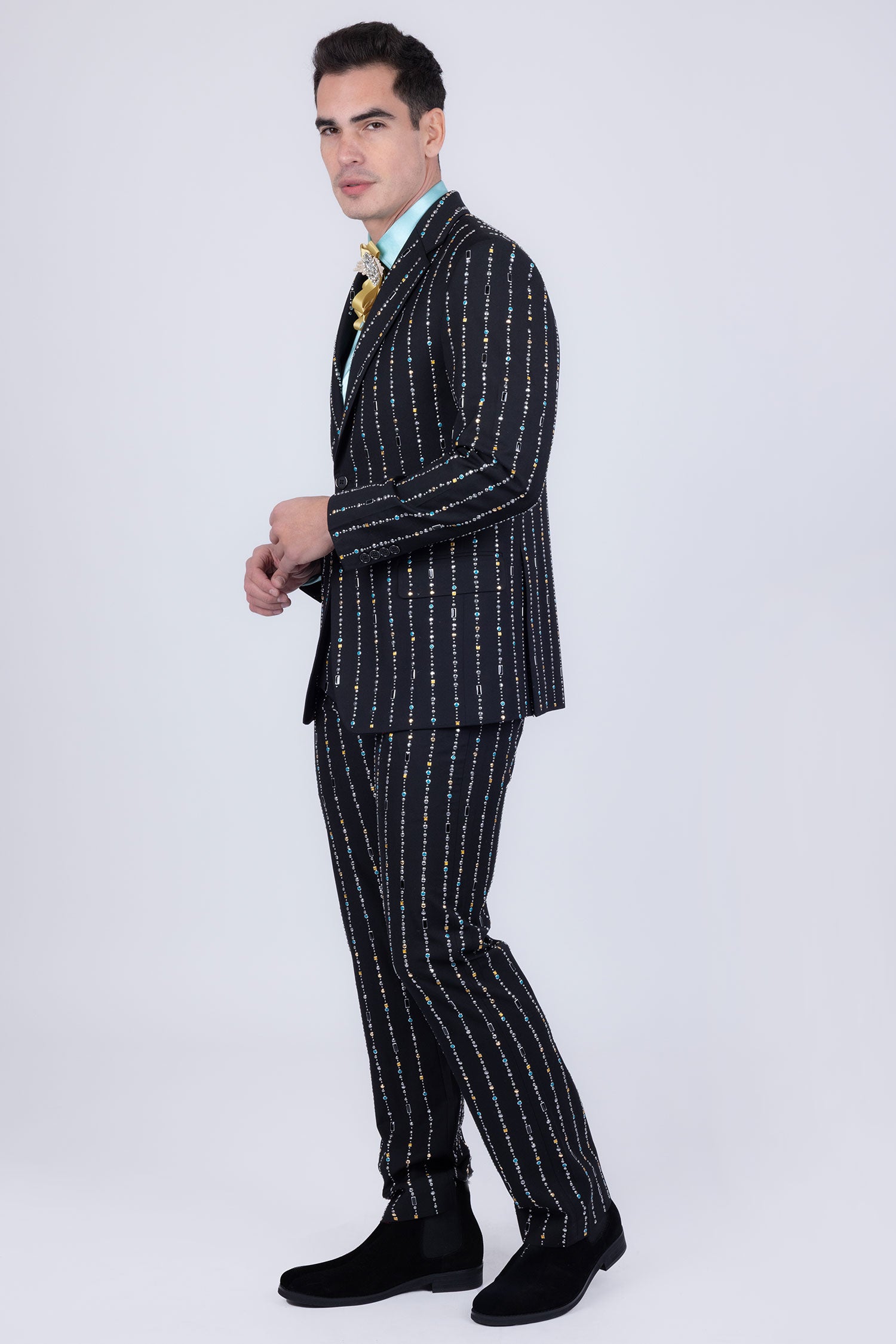 Barabas Men's Geometric Rhinestone Pattern Notch Lapel Suit 5SU38 Black