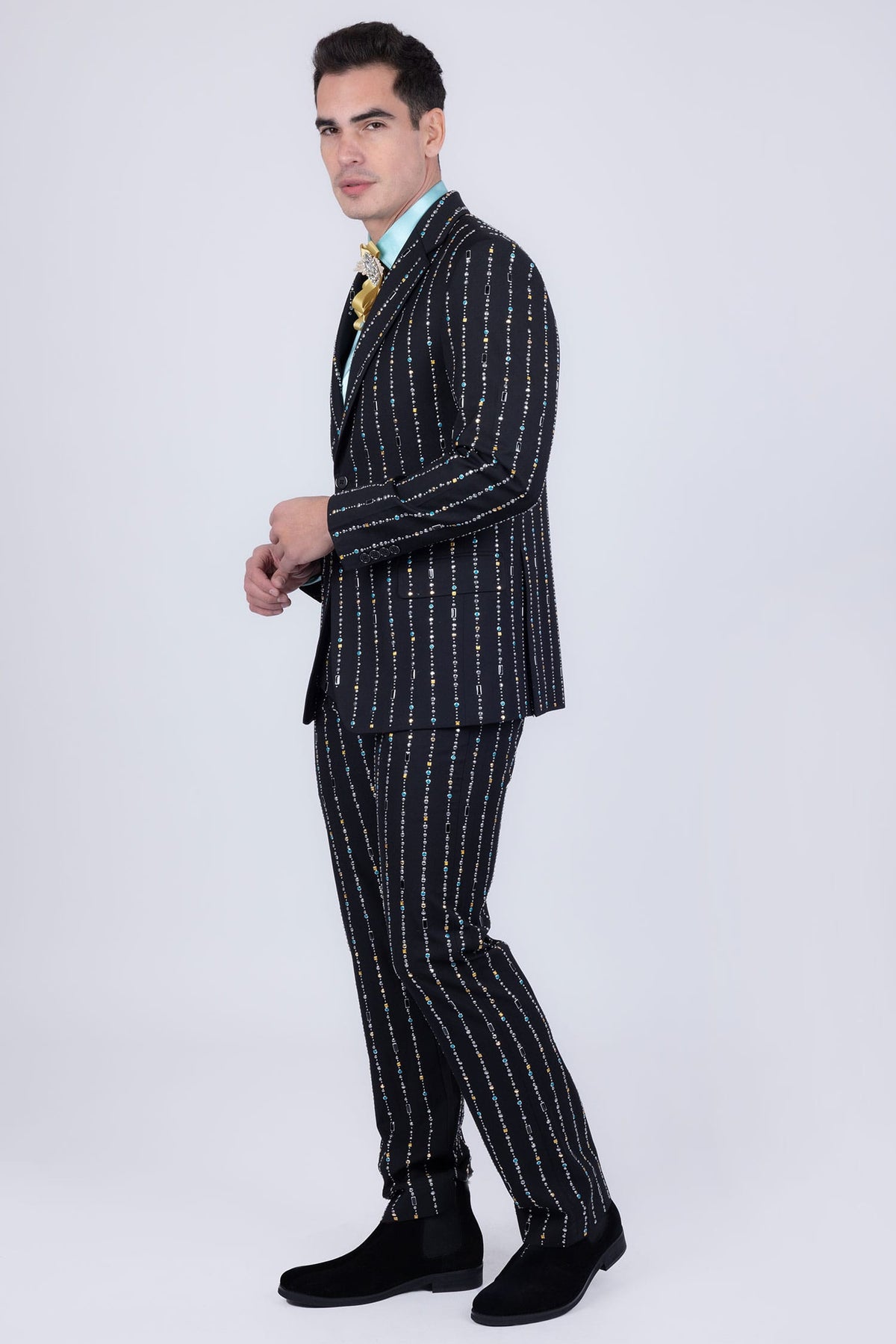 Barabas Men's Geometric Rhinestone Pattern Notch Lapel Suit 5SU38 Black