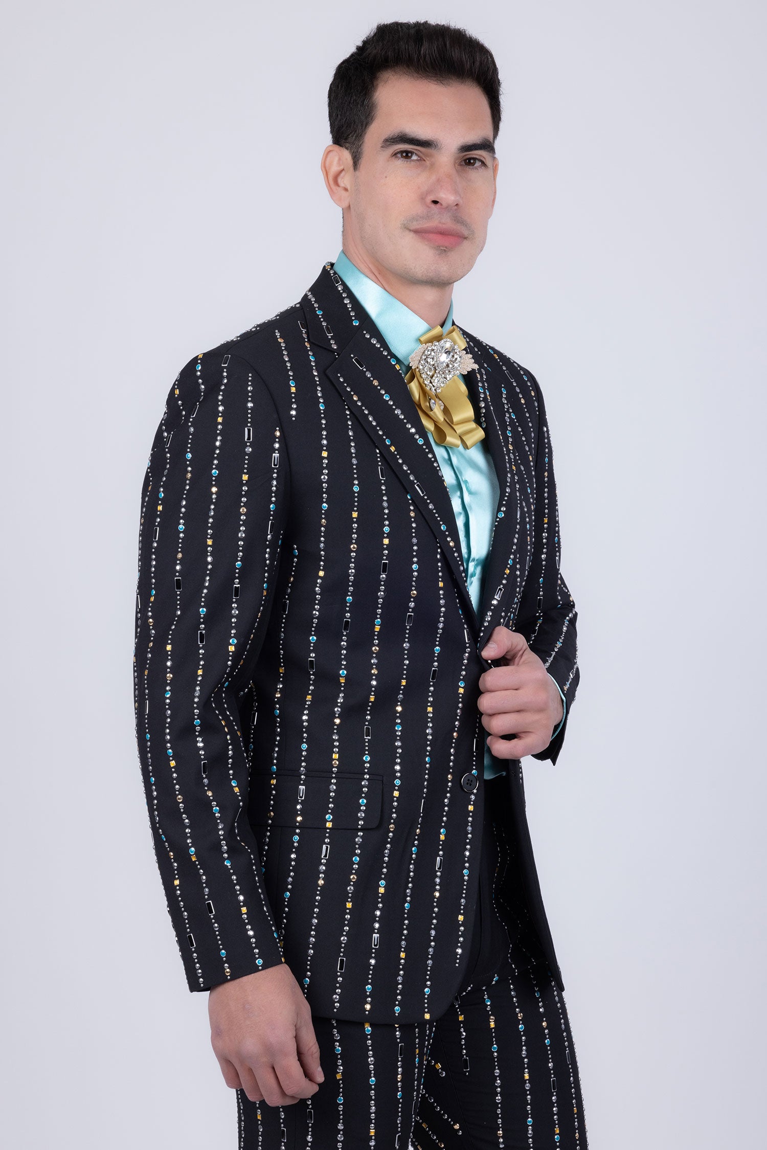 Barabas Men's Geometric Rhinestone Pattern Notch Lapel Suit 5SU38 Black