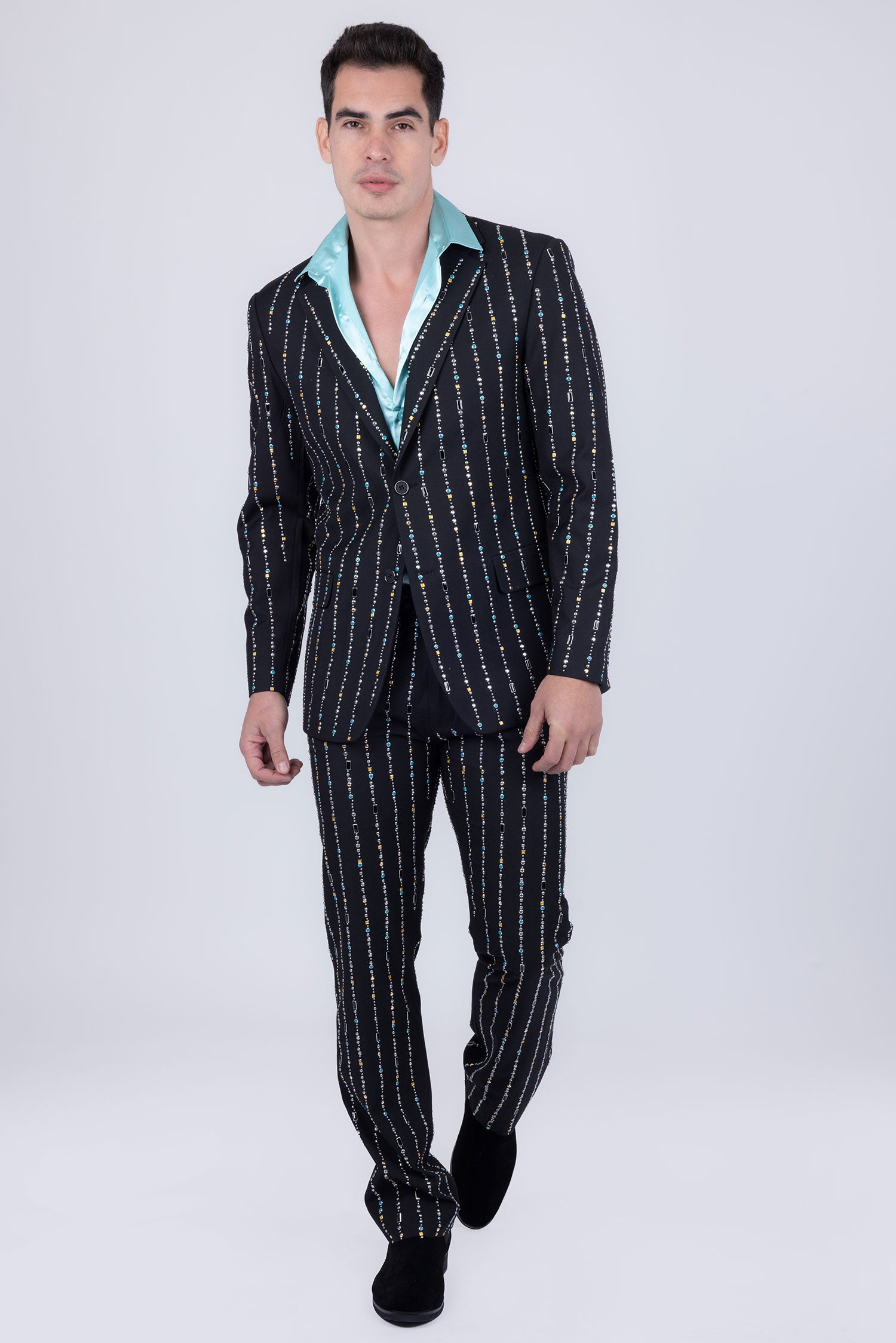 Barabas Men's Geometric Rhinestone Pattern Notch Lapel Suit 5SU38 Black