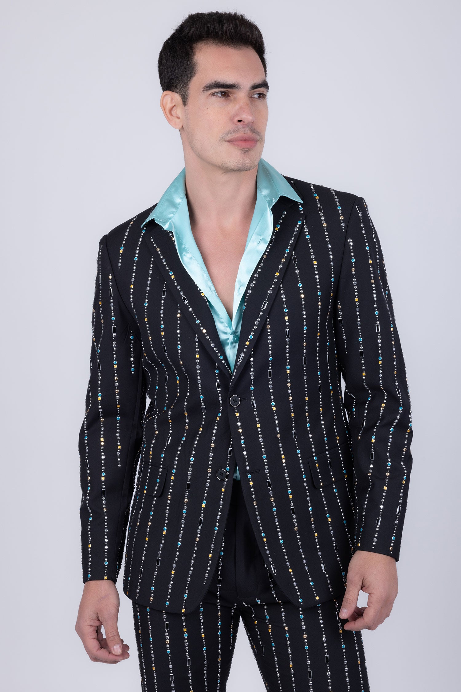 Barabas Men's Geometric Rhinestone Pattern Notch Lapel Suit 5SU38 Black