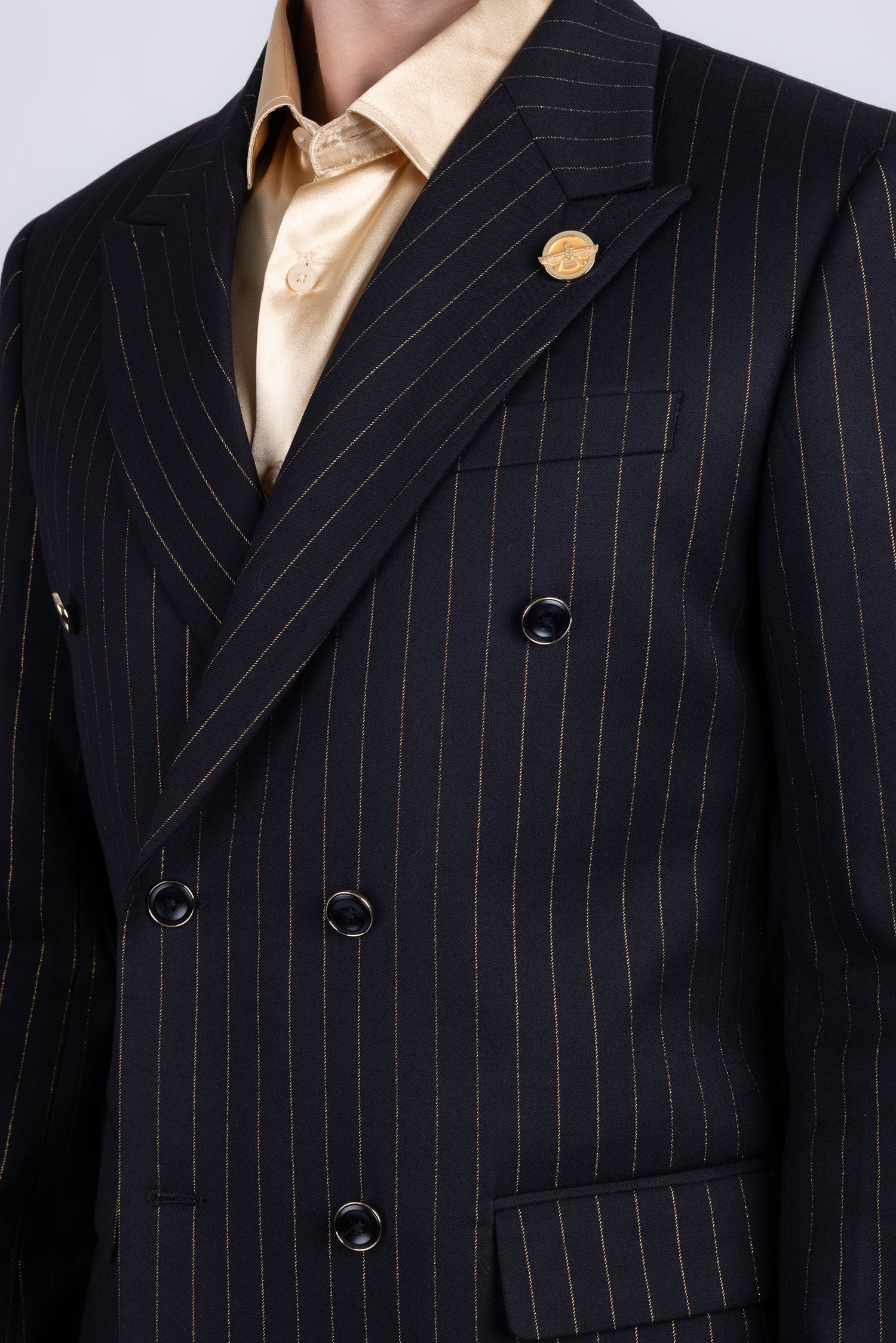 Barabas Men's Pinstripe Pattern Double-Breasted Peak Lapel Suit 5SU39 Black