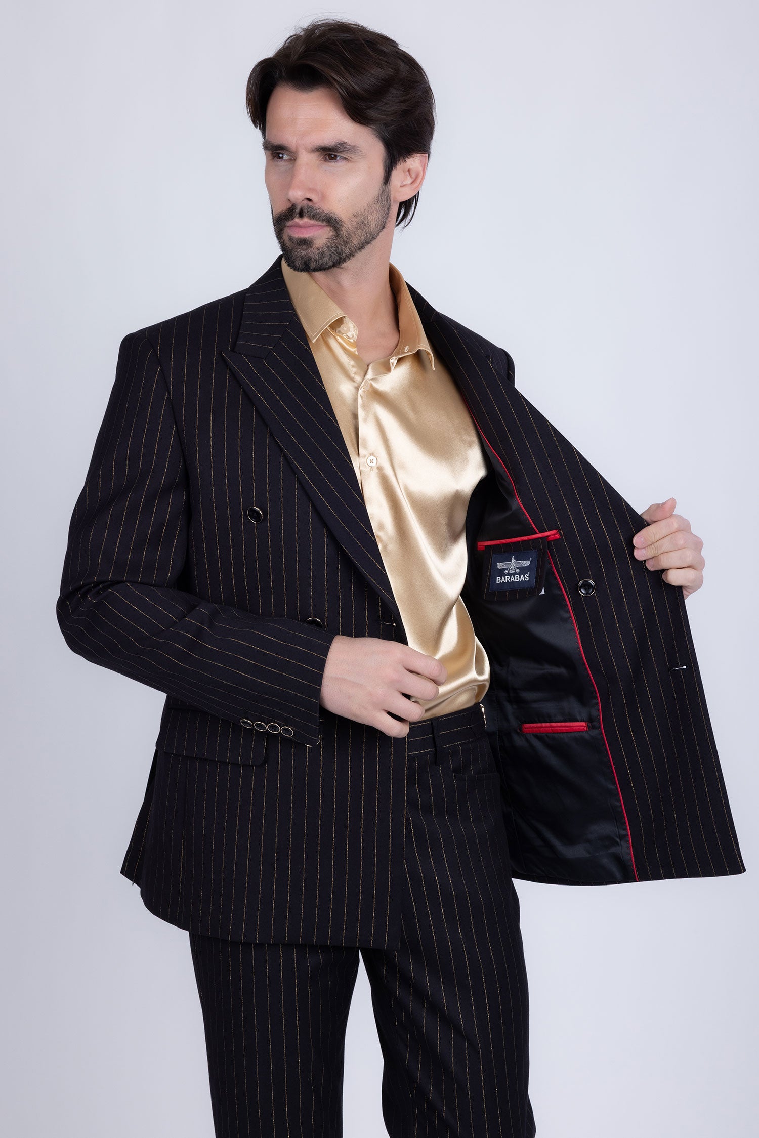 Barabas Men's Pinstripe Pattern Double-Breasted Peak Lapel Suit 5SU39 Black
