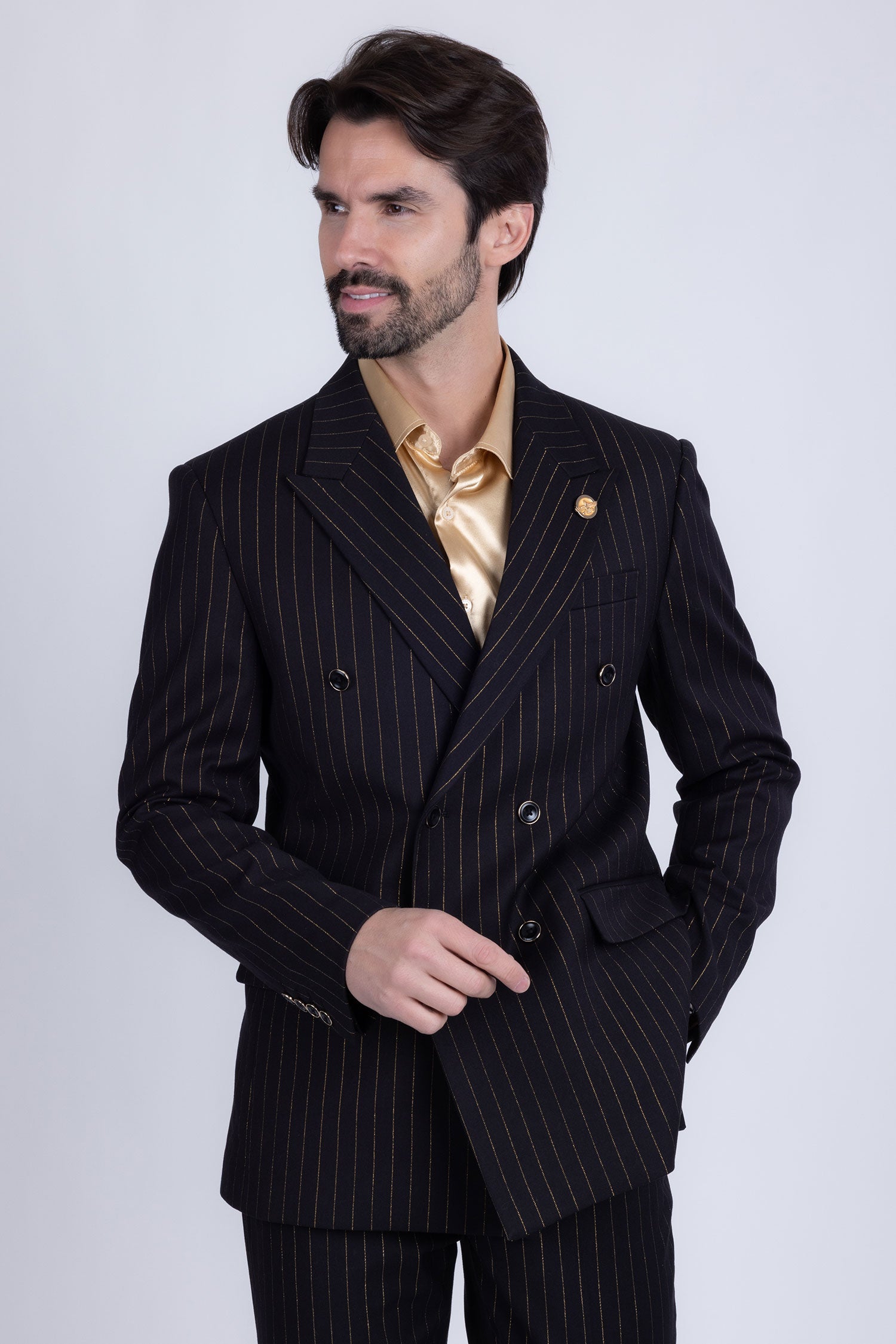 Barabas Men's Pinstripe Pattern Double-Breasted Peak Lapel Suit 5SU39 Black
