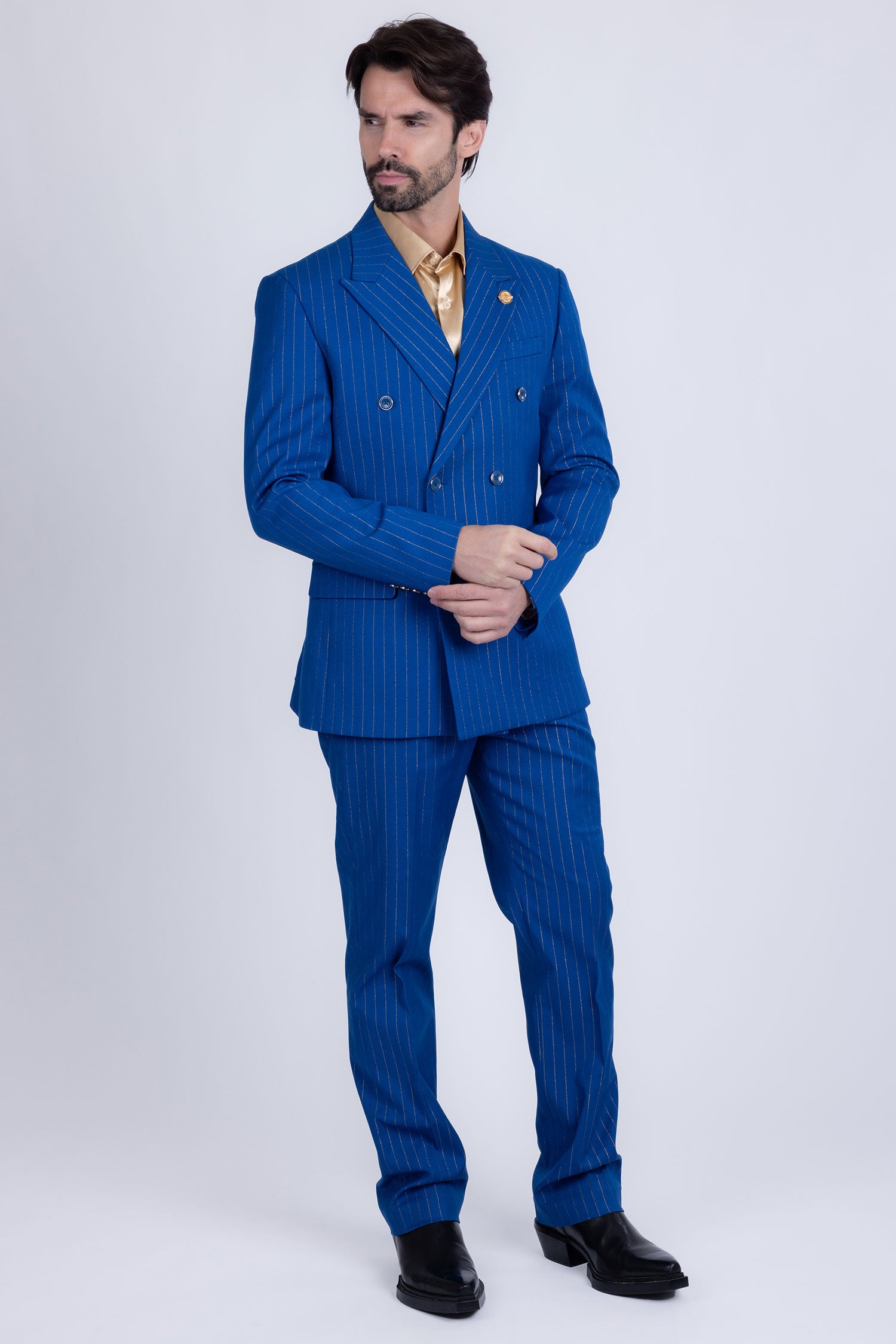Barabas Men's Pinstripe Pattern Double-Breasted Peak Lapel Suit 5SU39 Royal