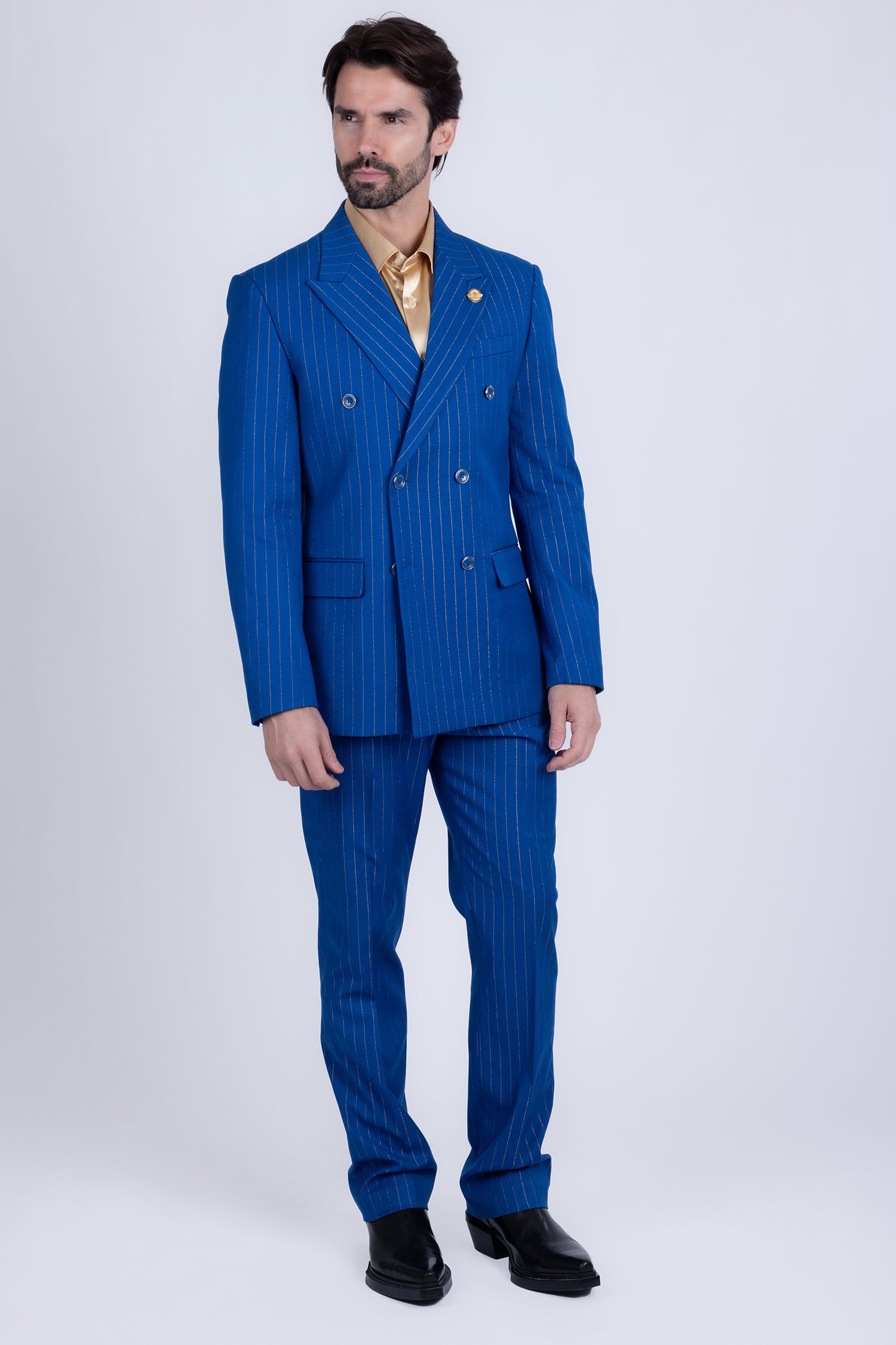 Barabas Men's Pinstripe Pattern Double-Breasted Peak Lapel Suit 5SU39 Blue Navy