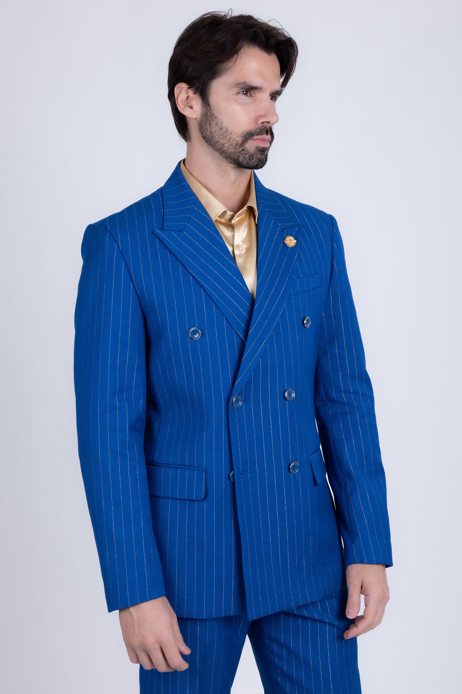 Barabas Men's Pinstripe Pattern Double-Breasted Peak Lapel Suit 5SU39 Royal
