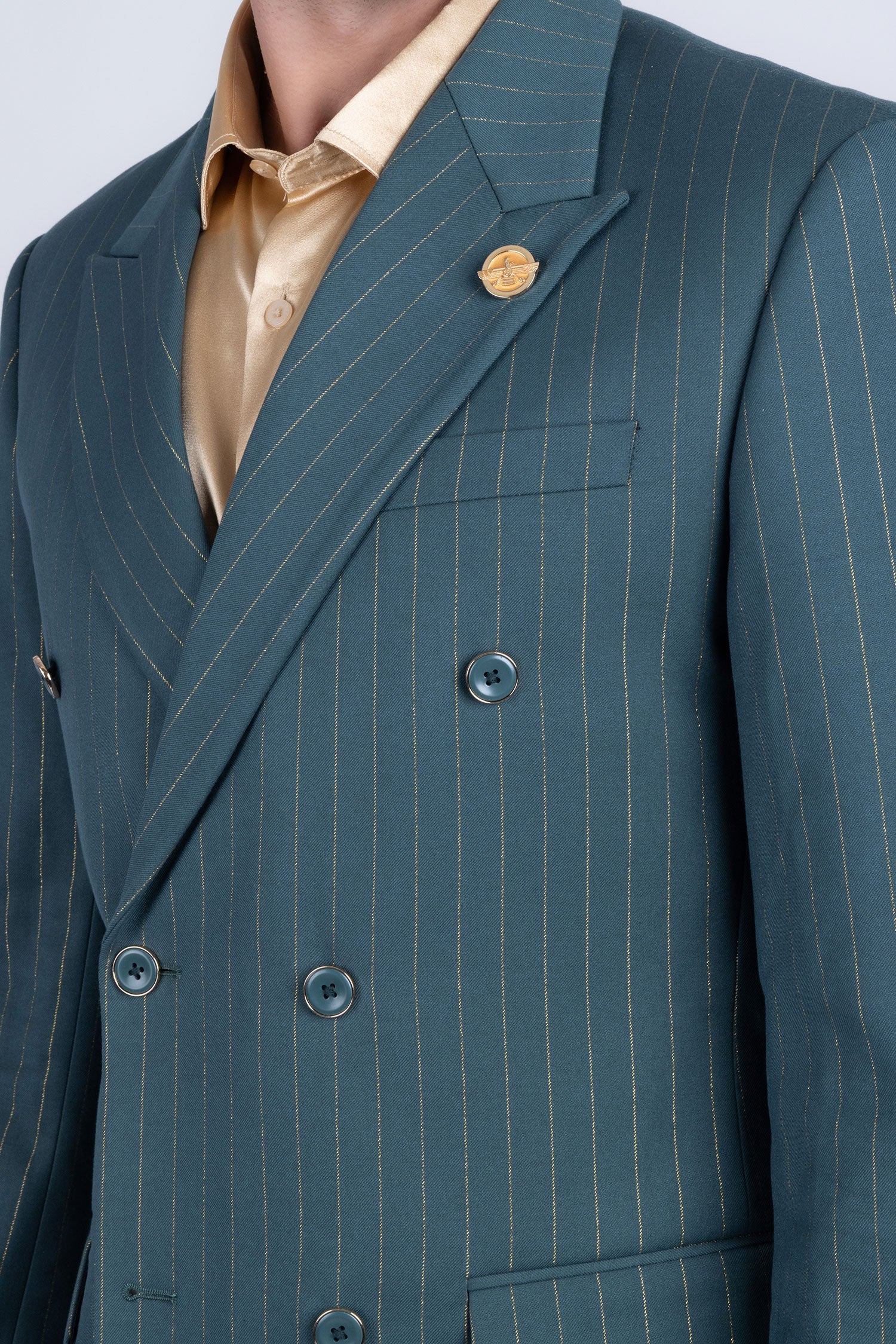 Barabas Men's Pinstripe Pattern Double-Breasted Peak Lapel Suit 5SU39 Green