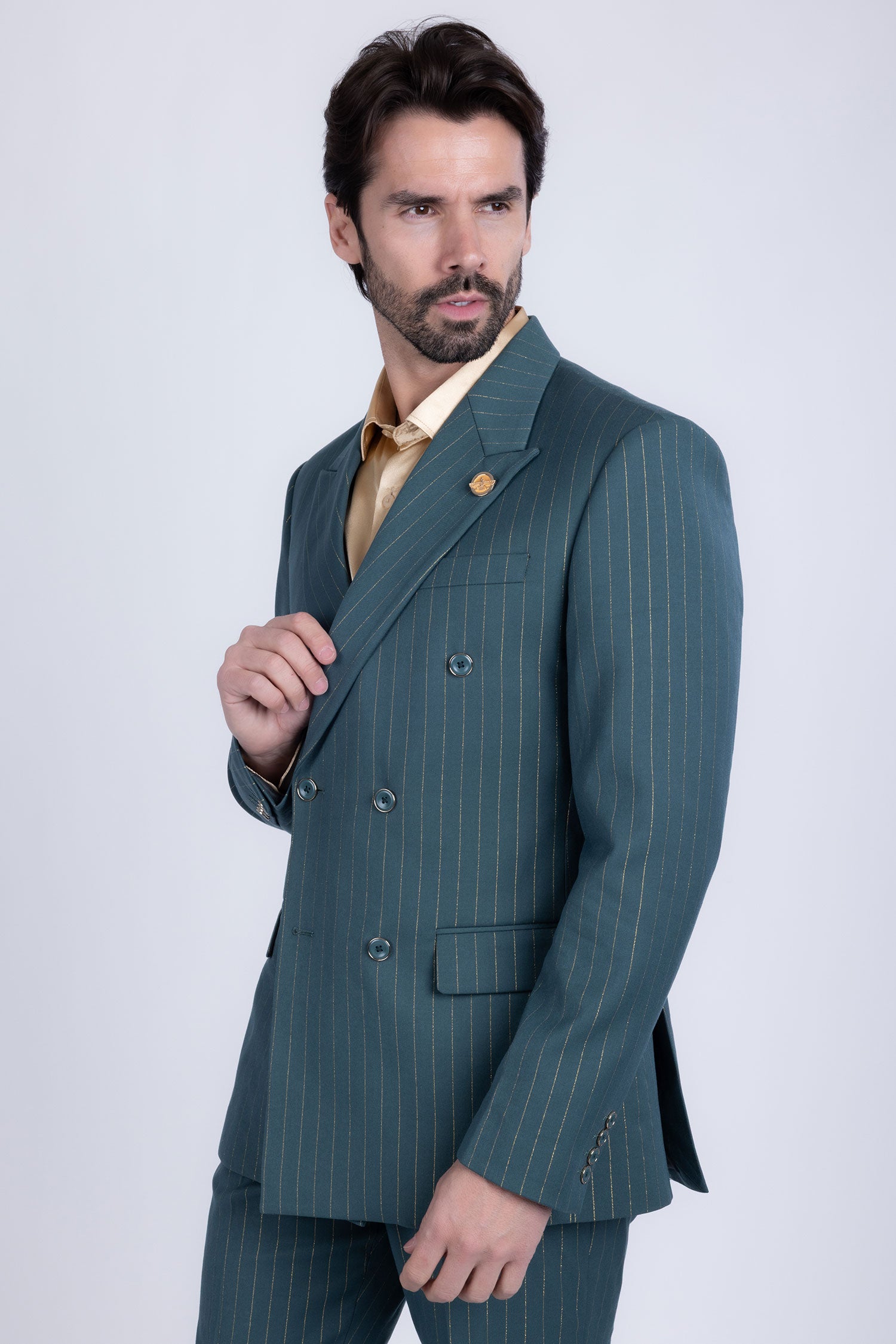 Barabas Men's Pinstripe Pattern Double-Breasted Peak Lapel Suit 5SU39 Green