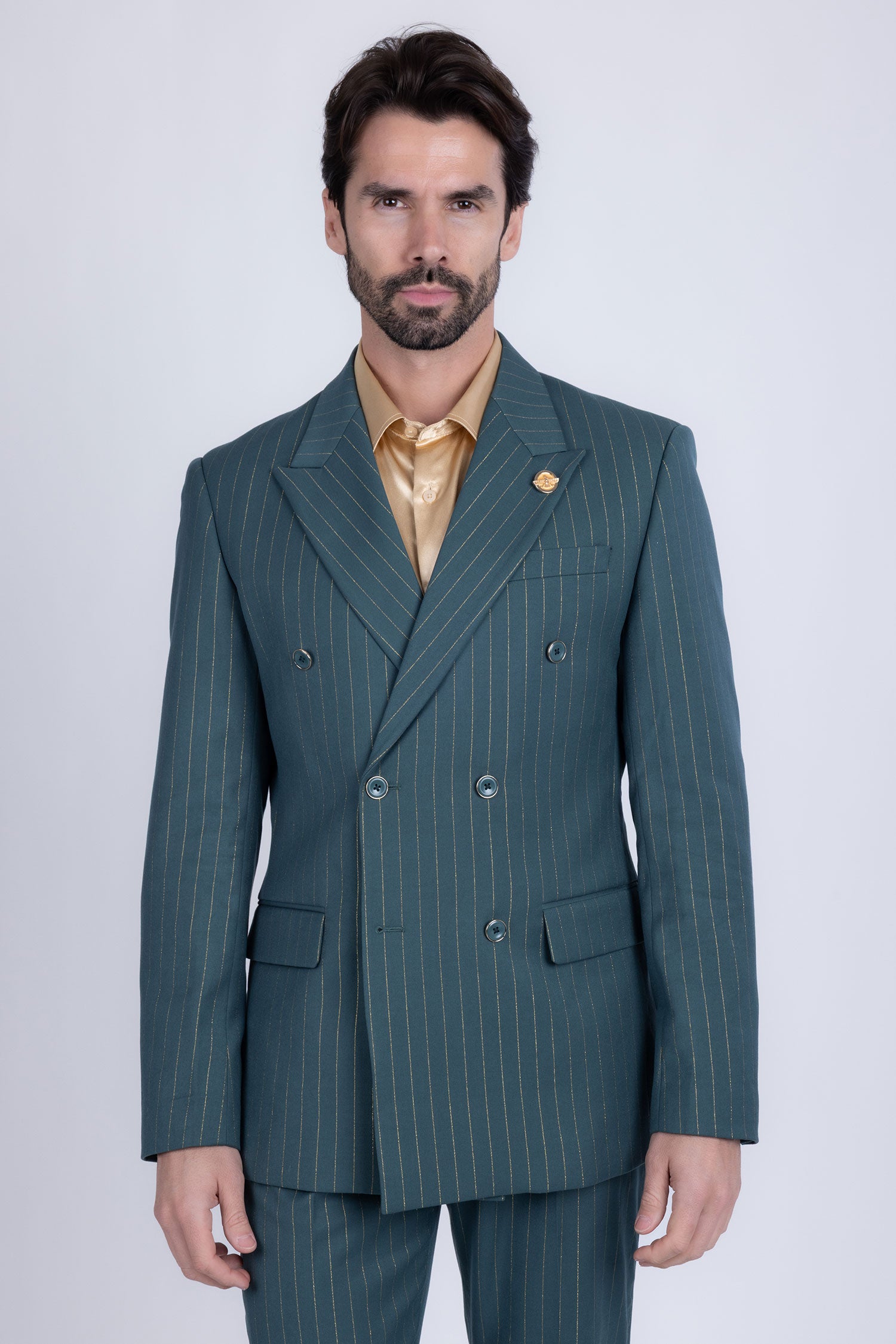 Barabas Men's Pinstripe Pattern Double-Breasted Peak Lapel Suit 5SU39 Green