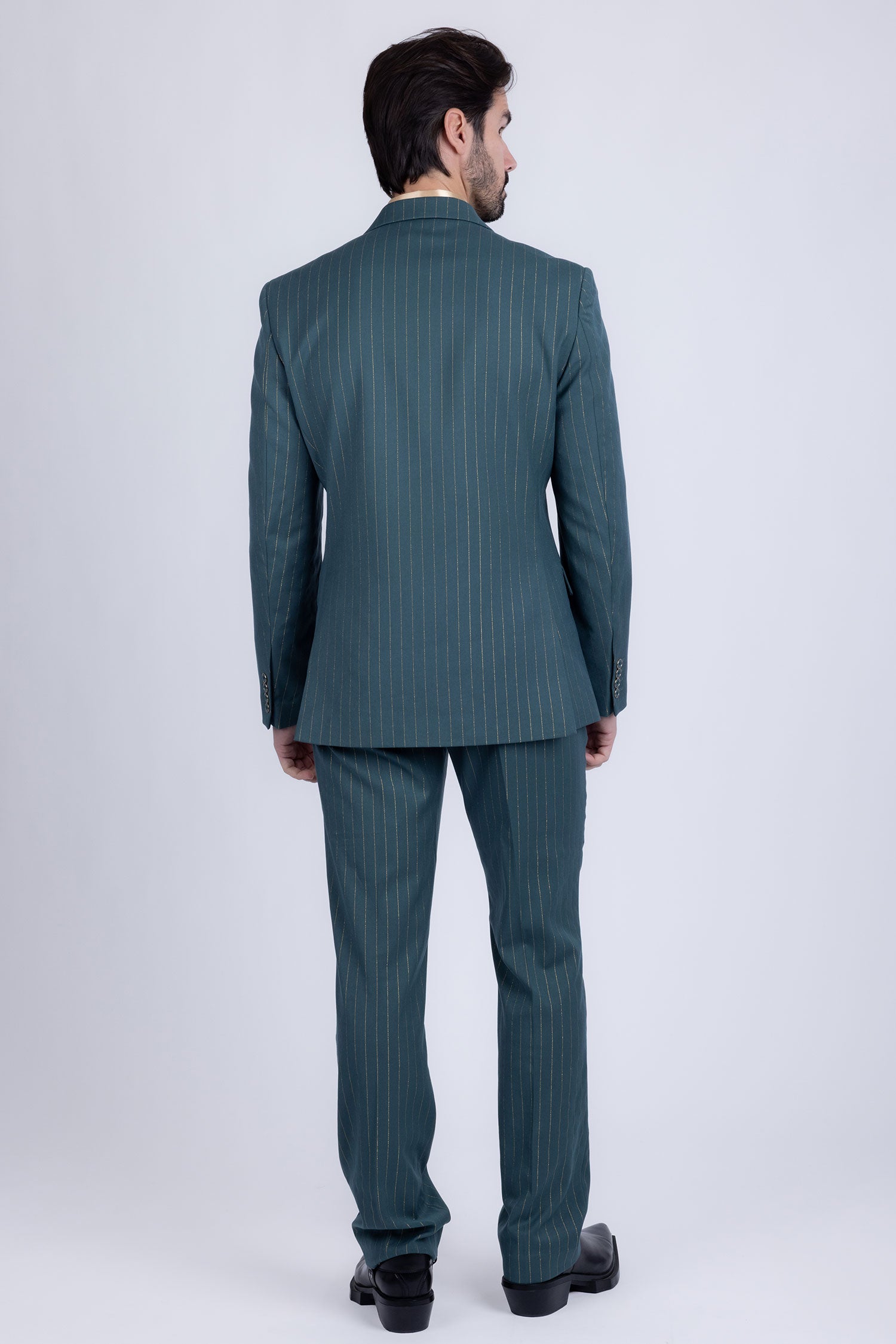 Barabas Men's Pinstripe Pattern Double-Breasted Peak Lapel Suit 5SU39 Green