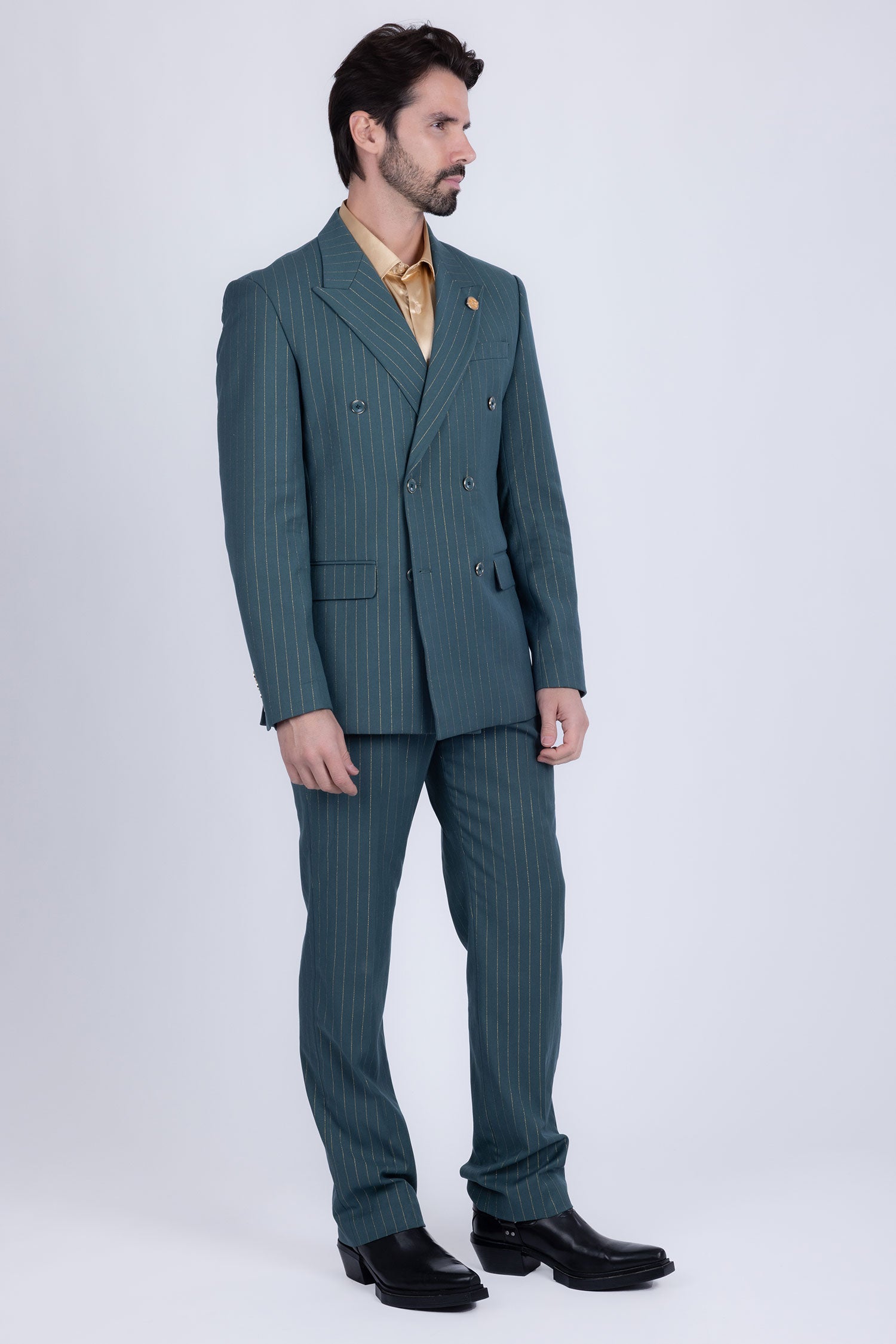 Barabas Men's Pinstripe Pattern Double-Breasted Peak Lapel Suit 5SU39 Green