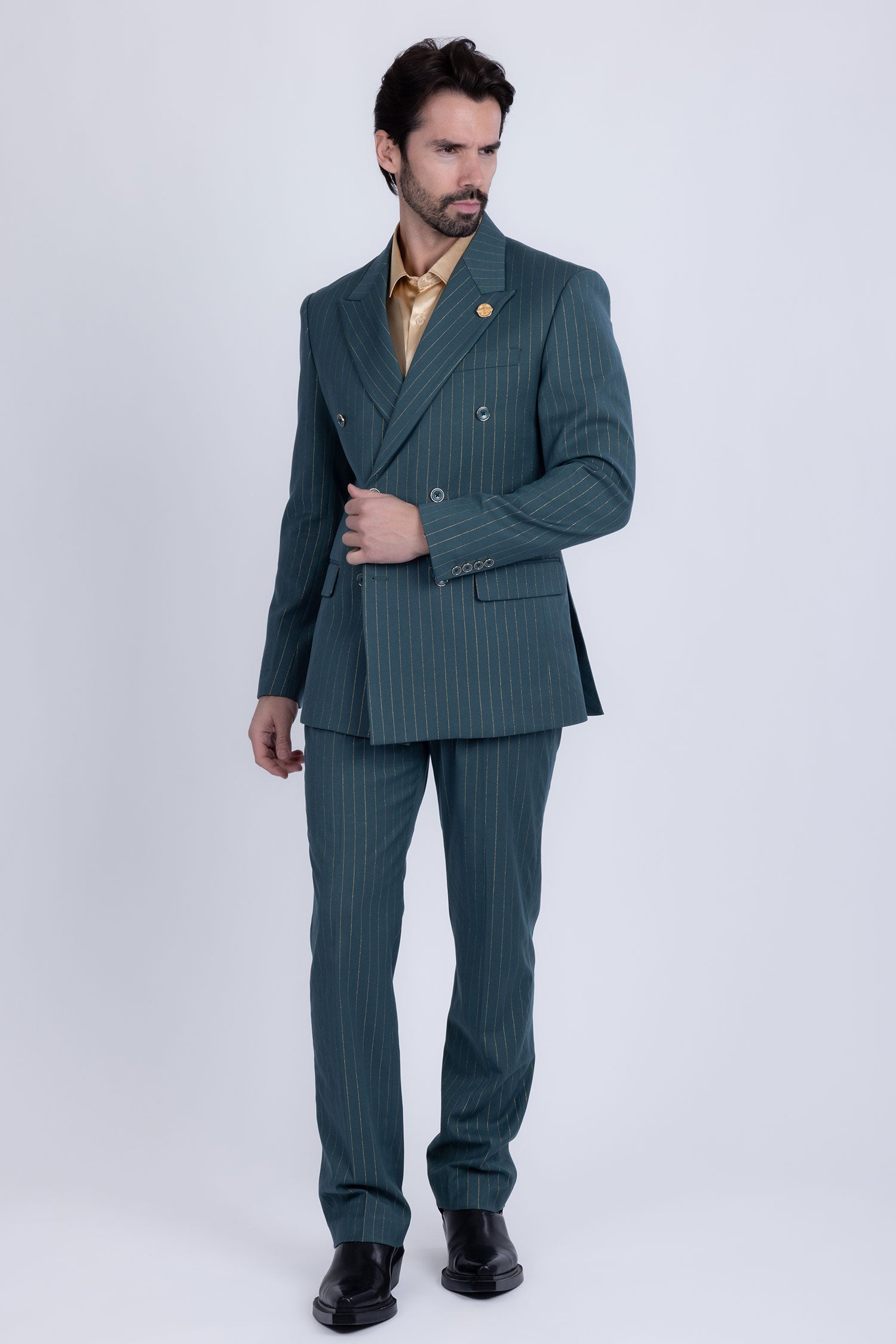 Barabas Men's Pinstripe Pattern Double-Breasted Peak Lapel Suit 5SU39 Green