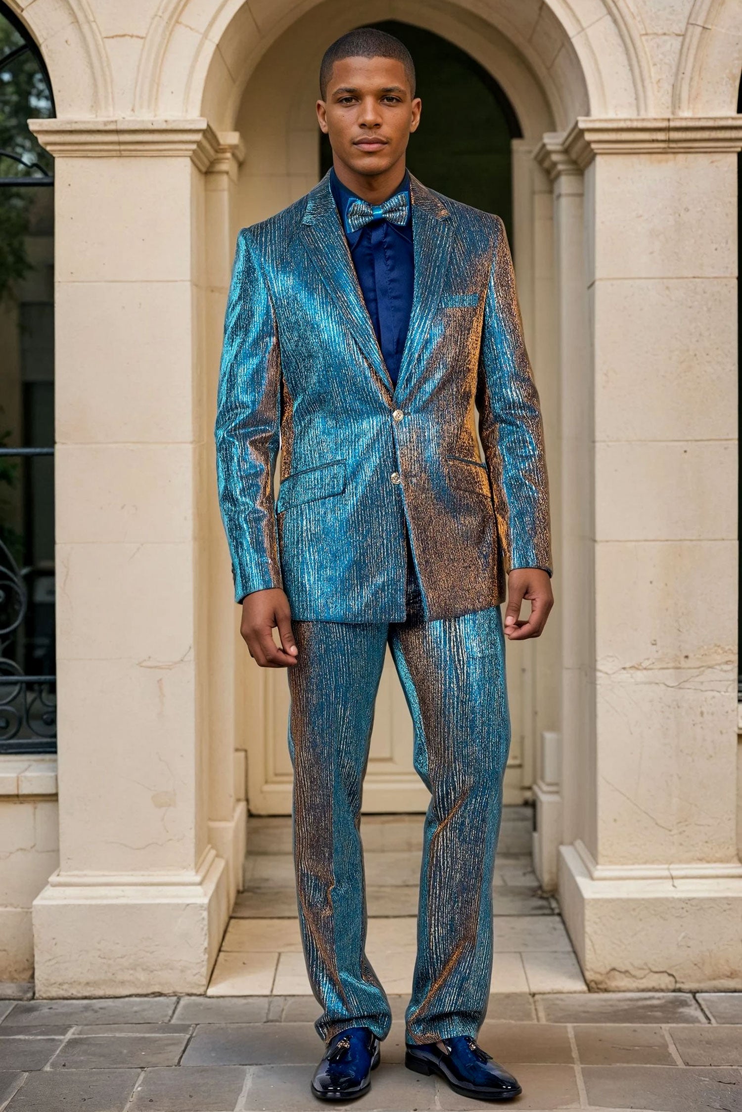 Barabas Men's Shiny Geometric Slim Fit Pattern Notch Lapel Suit 5SU42 Multi