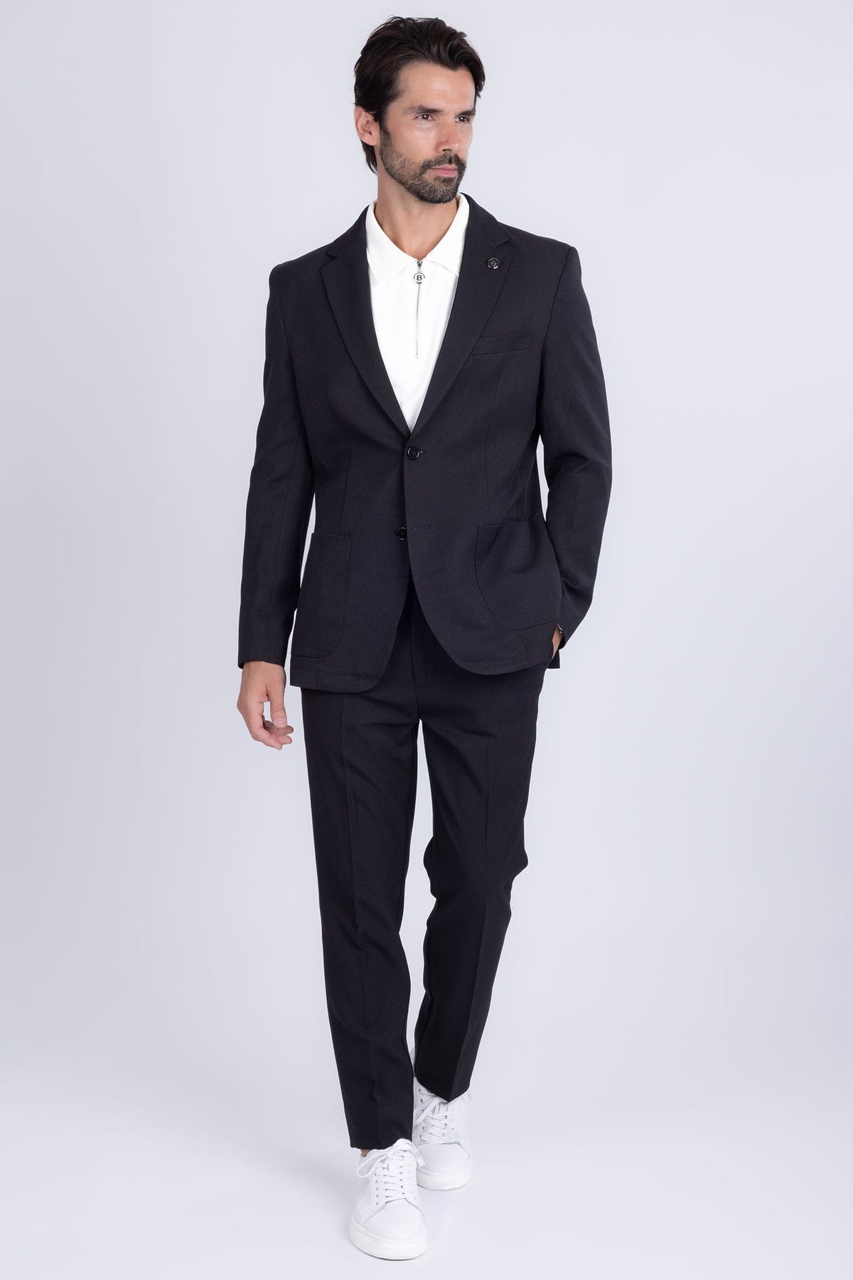 Barabas Men's Matte Geometric Slim Fit Pattern Notch Lapel Suit 5SU43 #Color_Black