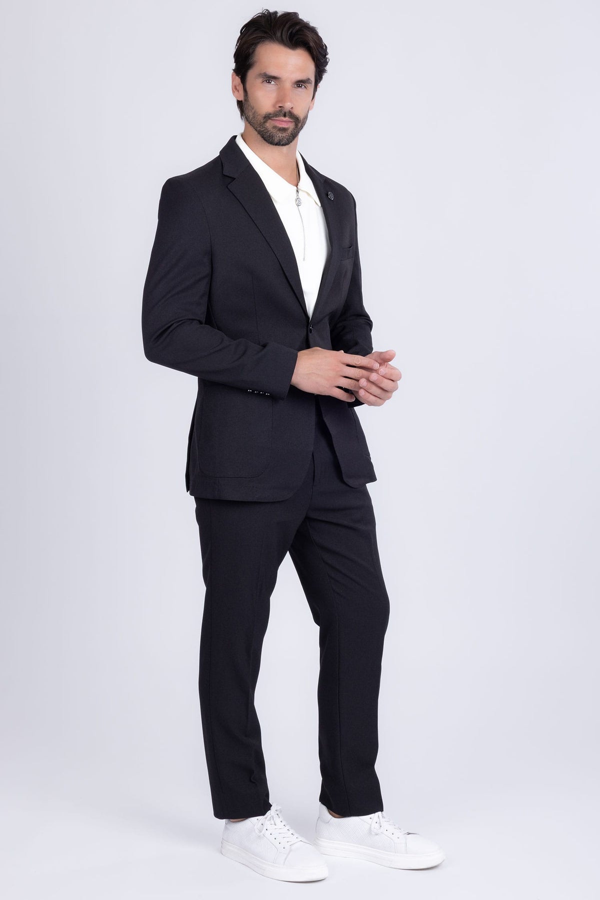Barabas Men's Matte Geometric Slim Fit Pattern Notch Lapel Suit 5SU43 #Color_Black
