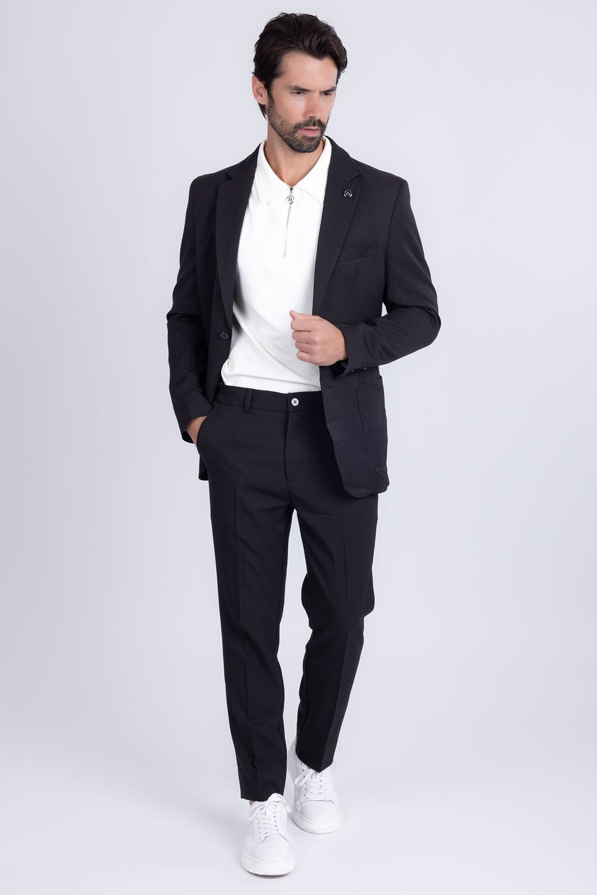 Barabas Men's Matte Geometric Slim Fit Pattern Notch Lapel Suit 5SU43 #Color_Black