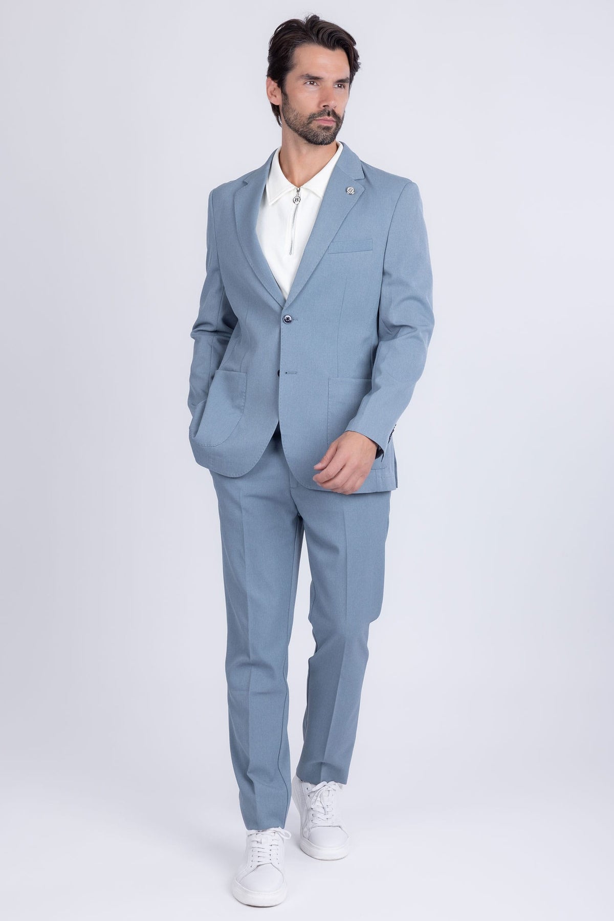 Barabas Men's Matte Geometric Slim Fit Pattern Notch Lapel Suit 5SU43 #Color_Rain