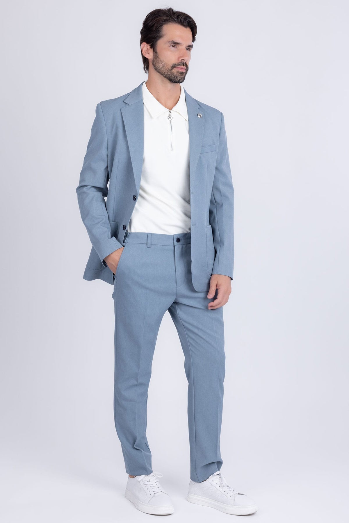Barabas Men's Matte Geometric Slim Fit Pattern Notch Lapel Suit 5SU43 #Color_Rain
